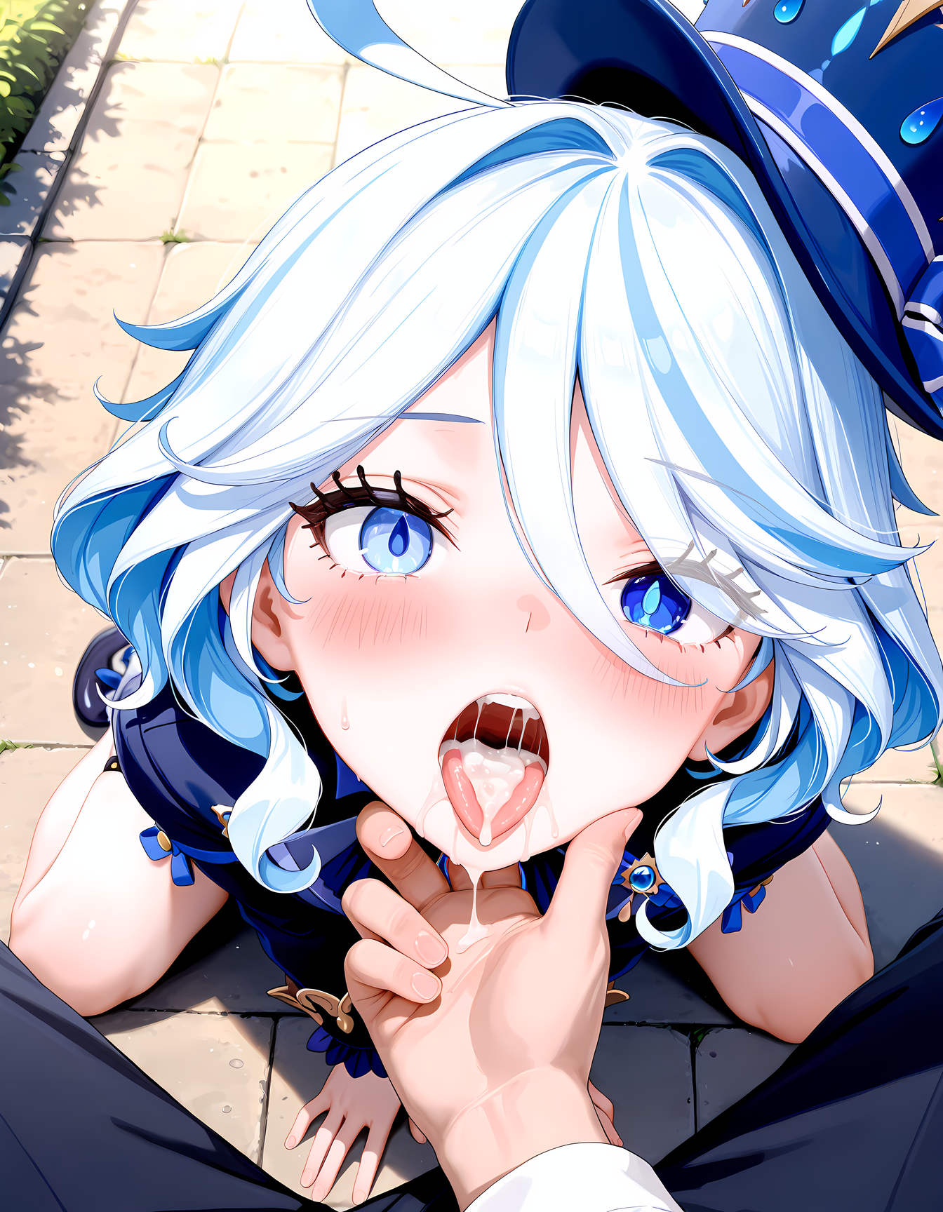 1girls, ai generated, blue eyes, blue hair, blush, cum, cum in mouth, cum on tongue, female, female focus, furina (genshin impact), genshin impact, hat, kneeling, looking at viewer, open mouth, outdoors, tongue, tongue out