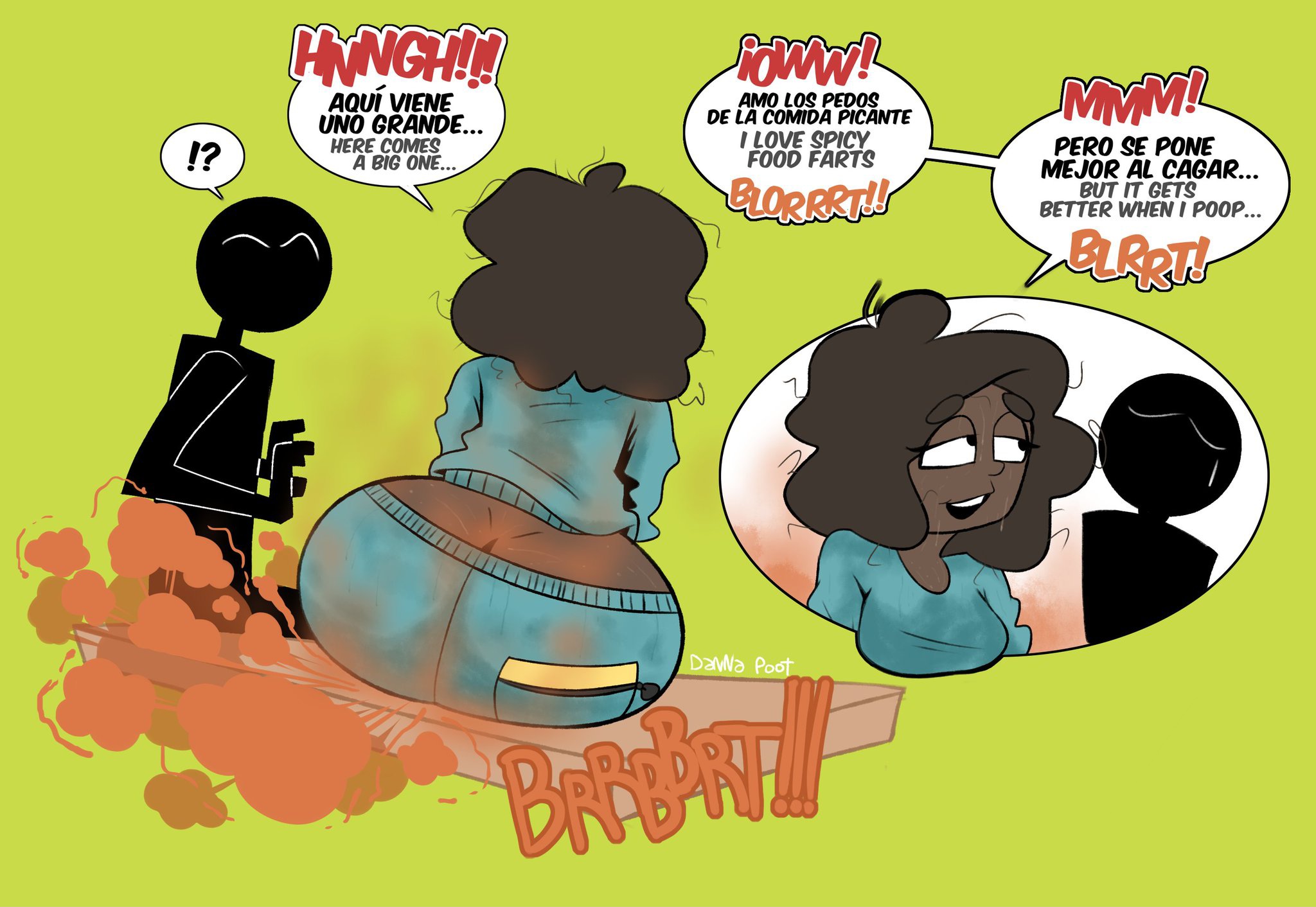 dark skin, dark-skinned female, dirty clothing, donna anim, english text, fart, fart cloud, fart fetish, farting, female, huge ass, oc, original character, spanish text, sweat, wide hips