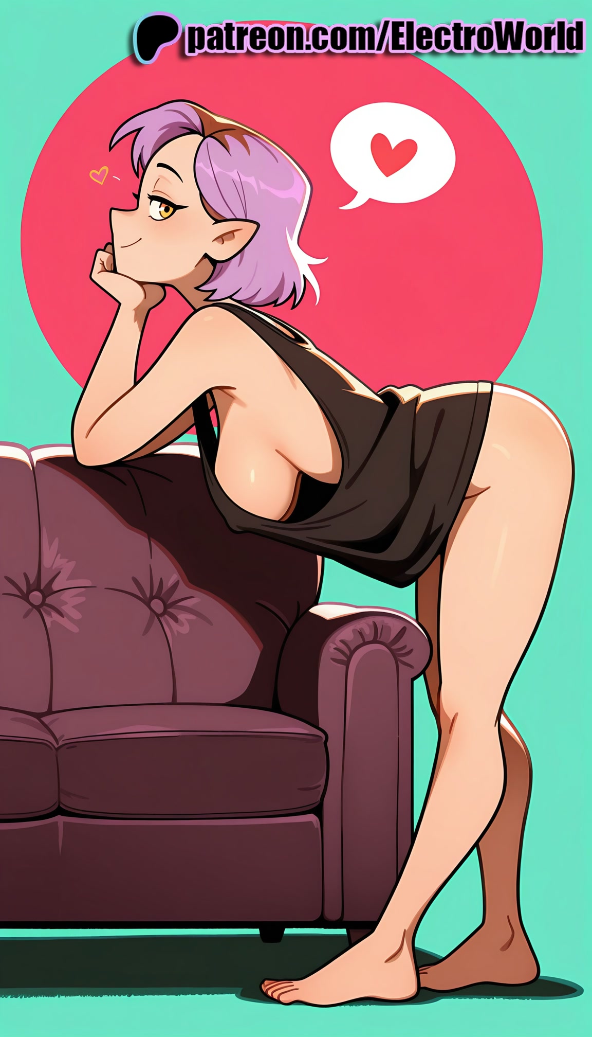 1girls, 2025, ai generated, amity blight, artist name, barefoot, bottomless, breasts, bust, chest, couch, disney, electroworld, elf, female, head rest, heart, hi res, high quality, high resolution, highres, naked shirt, patreon, patreon username, pointy ears, purple hair, sideboob, solo, spoken heart, stable diffusion, tank top, the owl house, watermark, yellow eyes