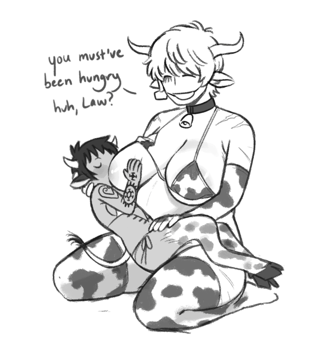 2girls, big breasts, bikini, breast sucking, breastfeeding, breasts, canon genderswap, cow ears, cow girl, cow horns, cow print, cow print bikini, cow tail, donquixote rosinante, english text, female, female only, genderswap (mtf), hooves, huge breasts, lactation, makeup, mommy, mommy kink, monochrome, one piece, pregnant, rule 63, short hair, sitting, sitting on lap, smile, splunkydunk, tan skin, tan-skinned female, tattoo, tattoos, trafalgar law, trafalgar law (female), very short hair, yuri