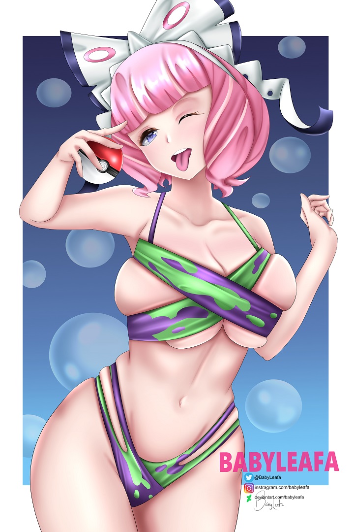 1girls, adapted costume, alternate costume, babyleafa, bikini, breasts, female, hair ribbon, human, human only, klara (pokemon), large breasts, medium hair, nintendo, one eye closed, pink hair, pokeball, pokemon, pokemon ss, pokemon ss isle of armor, purple eyes, text, thick thighs, thighs, url, watermark