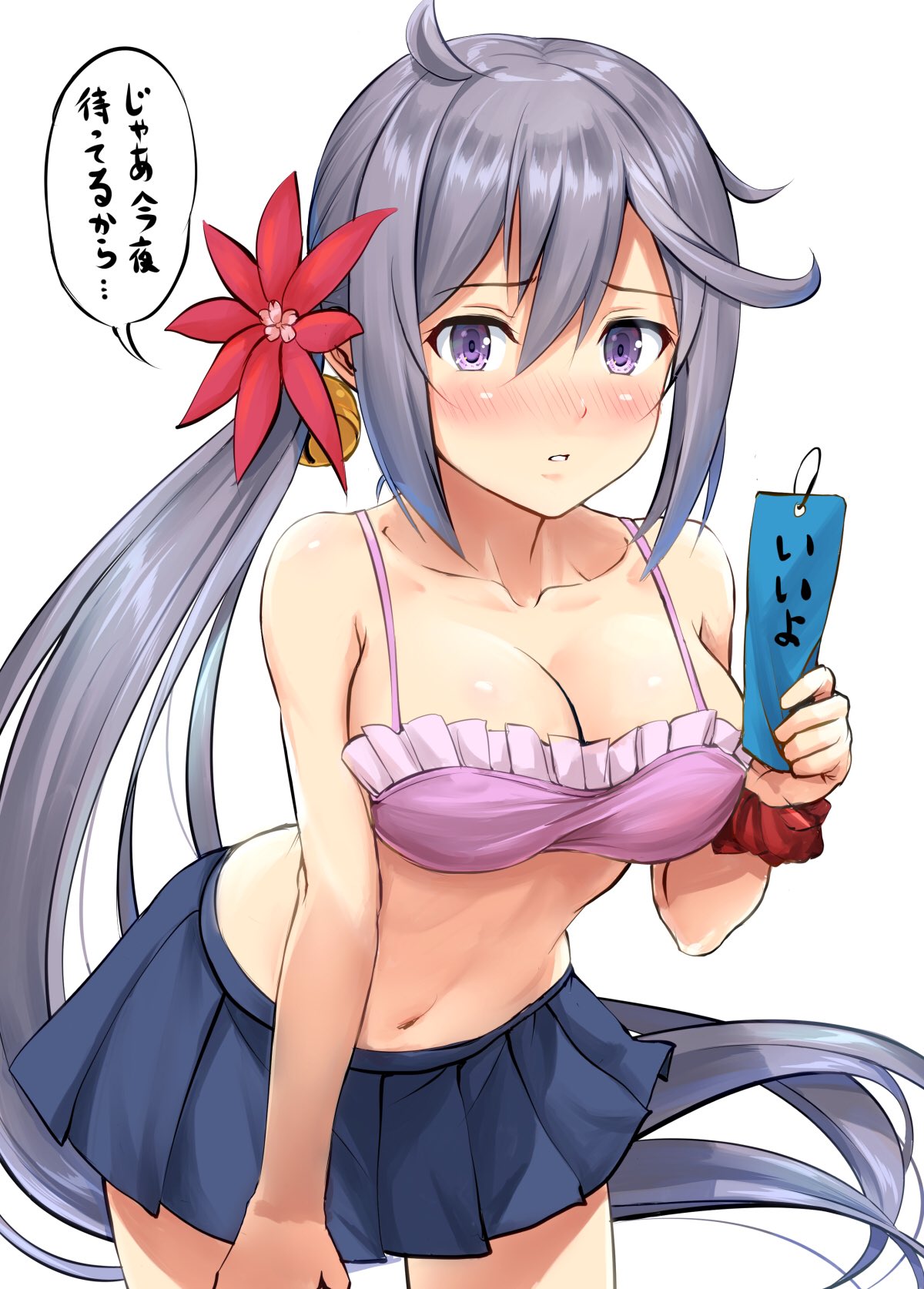 1girls ahoge akebono_(kantai_collection) alternate_breast_size bikini bikini_skirt blue_skirt blush breasts cleavage clothing collarbone commentary_request cowboy_shot female flower frilled_bikini frills grey_hair hair_flower hair_ornament highres ichikawa_feesu kantai_collection large_breasts long_hair looking_at_viewer messy_hair navel open_mouth parted_lips pleated_skirt purple_eyes side_ponytail simple_background skirt solo swimsuit tanzaku translated very_long_hair white_background