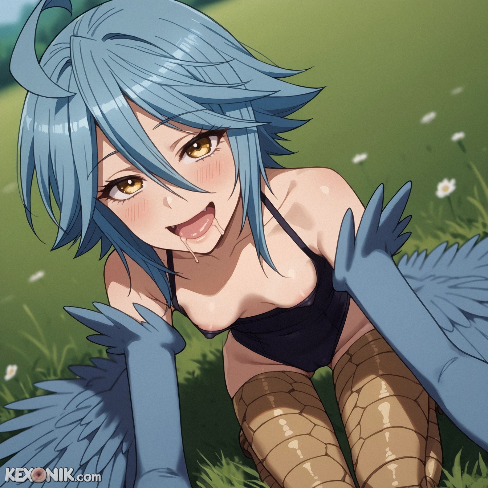 1girls, ahoge, ai generated, blue hair, blue wings, breasts, breasts squeezed together, bursting breasts, cameltoe, claw pose, cleavage, close-up, clothed, covered breasts, covered nipples, drool, drool string, drooling, feathered wings, feathers, feet, female, female only, full body, hair between eyes, happy, harpy, kexonik, light-skinned female, looking at viewer, monster girl, monster musume no iru nichijou, narrowed eyes, nipples out, papi (monster musume), revealing clothes, sagging breasts, saliva, saliva drip, saliva string, saliva trail, small breasts, soles, solo, tall, toes, winged arms, wings, yellow eyes