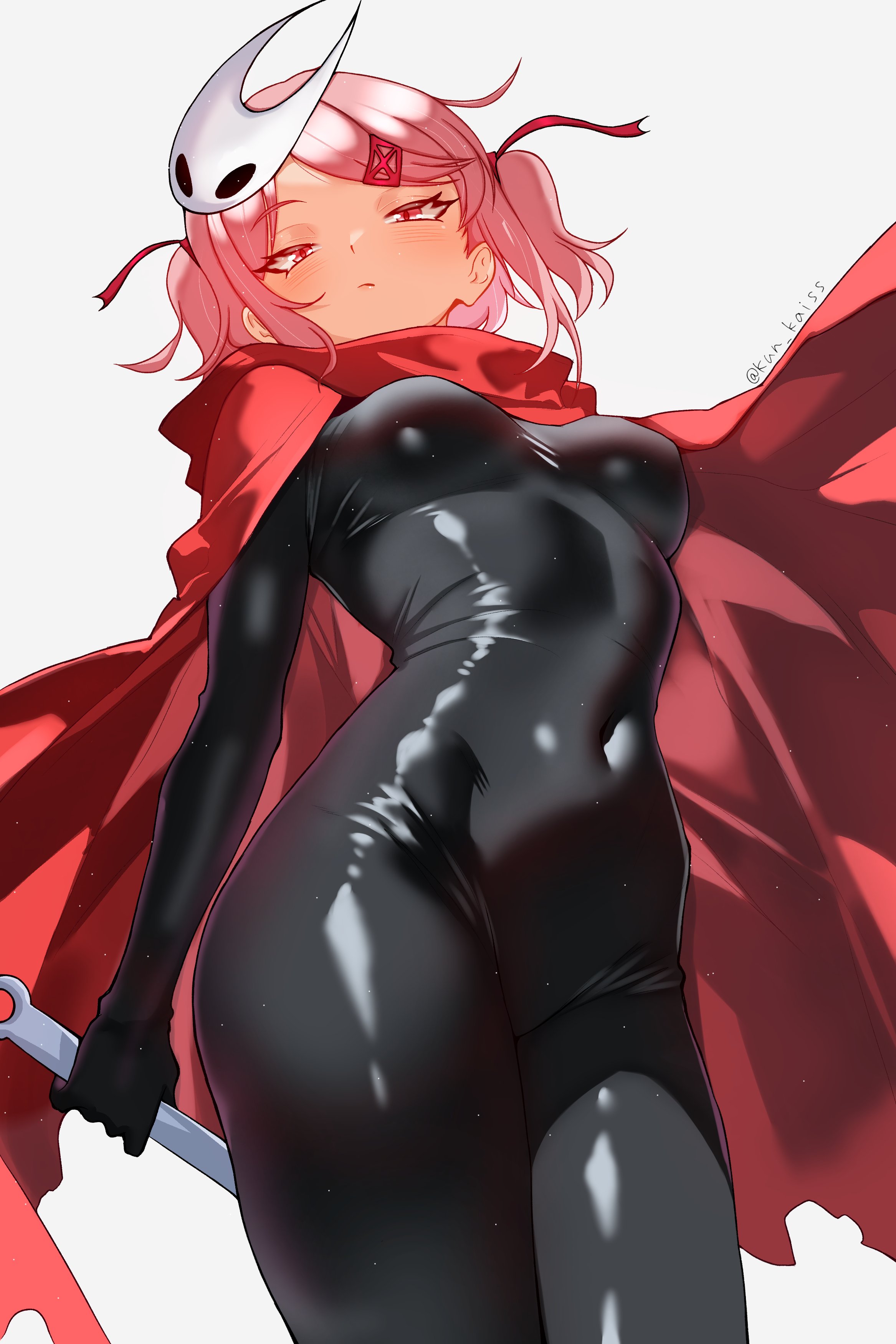 1girls, bodysuit, doki doki literature club, female, hollow knight, hornet (hollow knight) (cosplay), kun kaiss, low-angle view, natsuki (doki doki literature club), open eyes, pink eyes, pink hair, solo