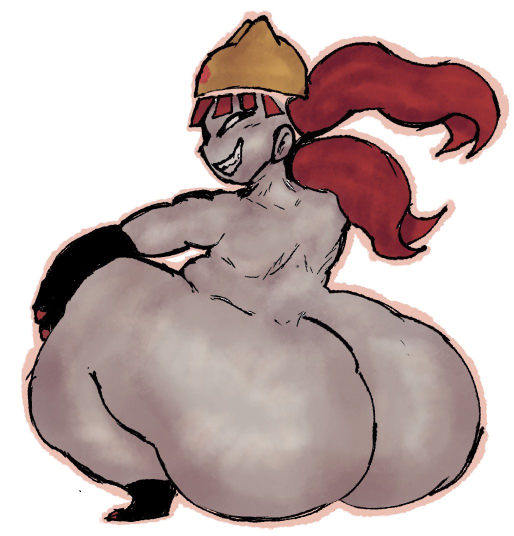 1girls, ass, bottom heavy, dream bbq, ena (series), female, grin, huge ass, looking back, milkatonal, nude, red hair, squatting, taski maiden (ena), thick thighs