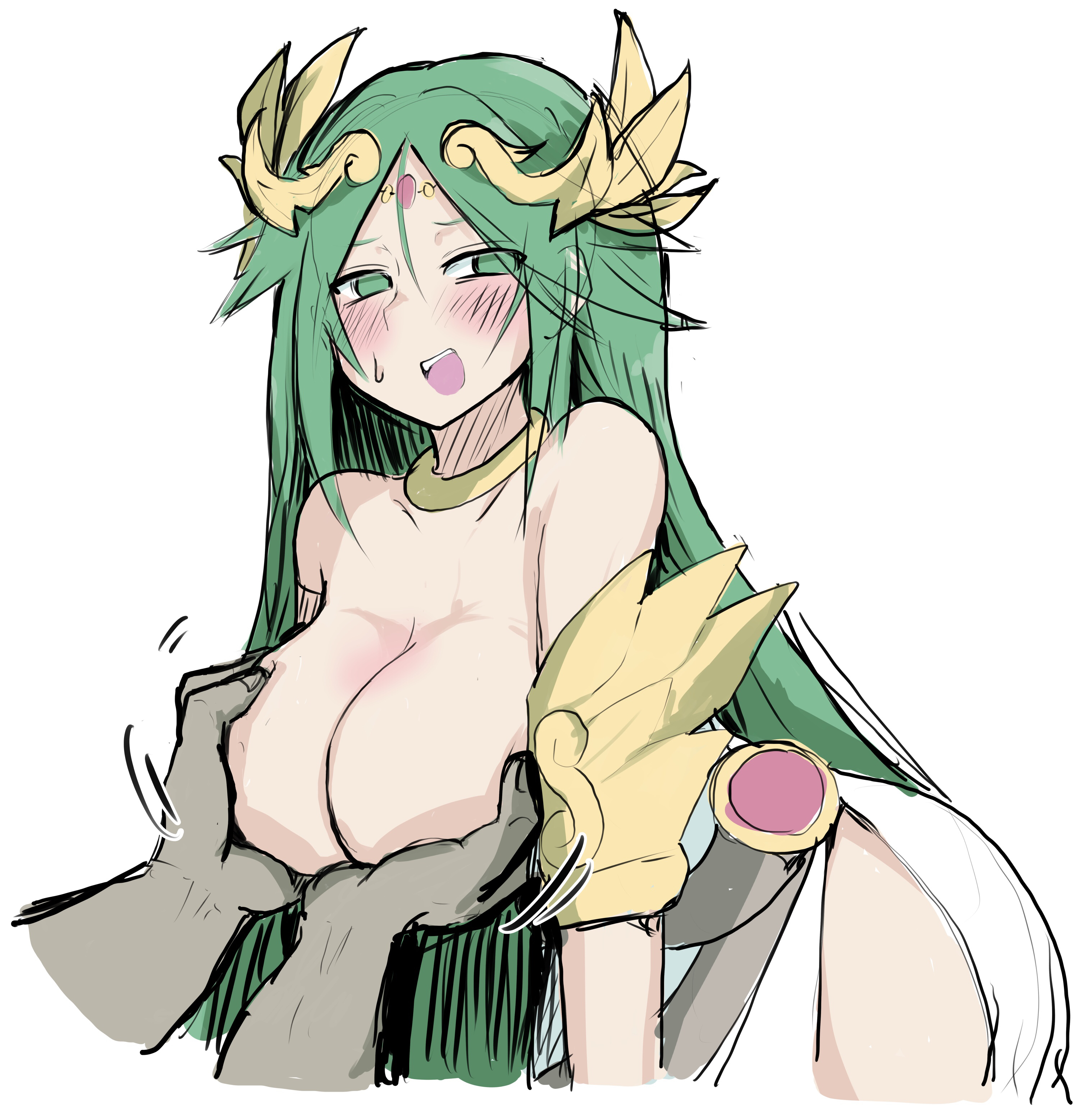 1girls, absurdres, blush, breasts, circlet, cleavage, commentary request, dress, female, grabbing another's breast, green eyes, green hair, groping, highres, kid icarus, kid icarus uprising, large breasts, leaning forward, long hair, looking at viewer, neck ribbon, nintendo, open mouth, palutena, ribbon, side slit, simple background, sketch, solo focus, sweat, teeth, upper teeth only, white background, white dress, white-stew