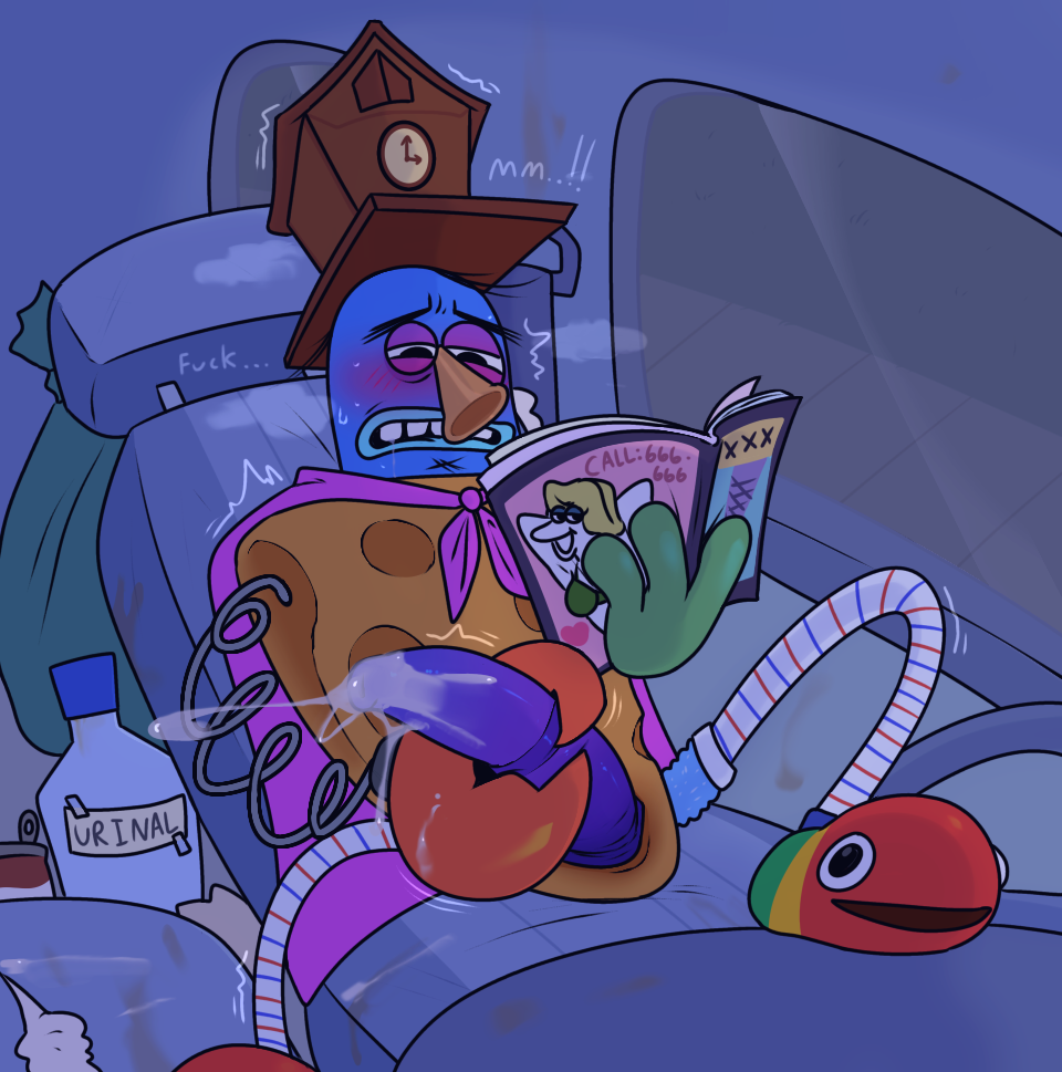 1boy, 2d, adult swim, ambiguous species, breath cloud, car, cl0ckability, clock, crab claw, cum, digital media, dirty, drool, jerking off, looking at porn, male, male only, masturbating to porn, masturbation, porn magazine, reading pornography, silly, silly samuel, smiling friends, solo, solo male, sweatdrop, tentacle, tentadick