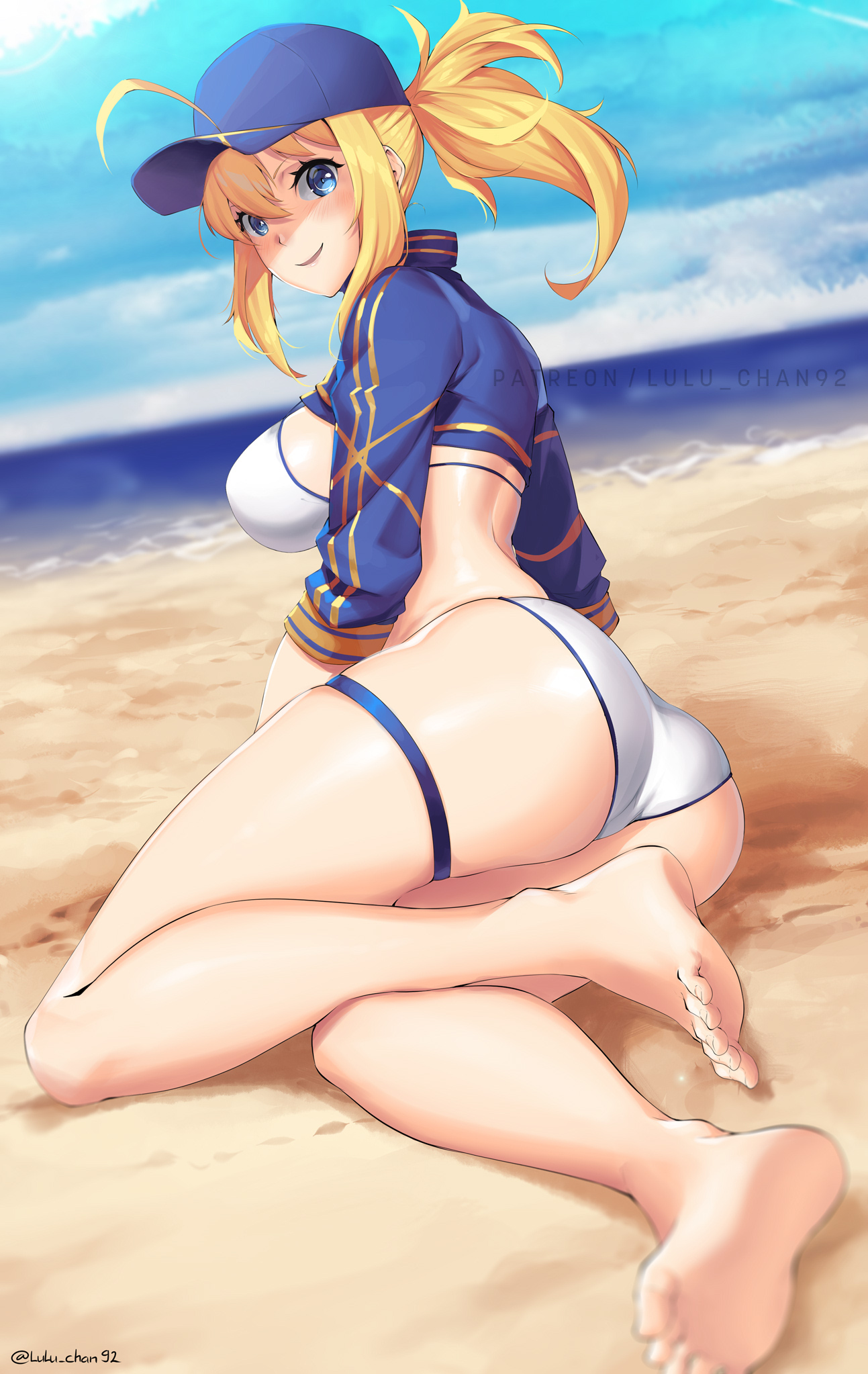 1girls, artoria pendragon, ass, big ass, fate (series), fate/grand order, feet, female, female only, looking at viewer, looking back, lulu-chan92, mysterious heroine xx (foreigner), panties, solo, toes