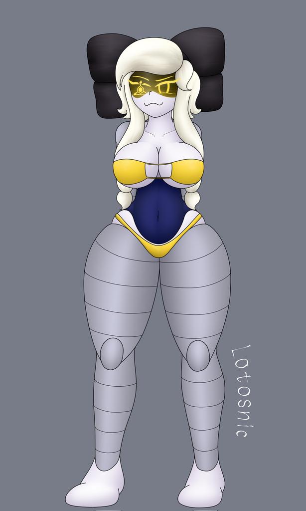 1girls, absolute solver, almost naked, artist name, big breasts, big hips, bow, breasts, cyn (murder drones), female, female only, glitch production, hairbow, hips, lotosnic, murder drone, murder drones, panties, robot, robot girl, robot humanoid, silver hair, simple background, smile, smiling at viewer, solver of the absolute fabric approved, swimsuit, tail, thick thighs, thighs, underwear, yellow eyes, yellow panties