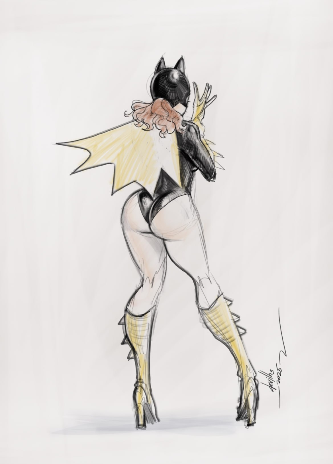 1girls, ass, ass focus, backside, barbara gordon, batgirl, batman (series), big ass, black leotard, boots, breasts, bubble butt, cape, covered breasts, cowl, dc, dc comics, devil hs, fat ass, fat butt, female, female only, from behind, gloves, heels, hero, hi res, high heel boots, high heels, high resolution, highres, hips, huge ass, large ass, legs, legwear, leotard, light skin, light-skinned female, mask, pinup, plump ass, ponytail, pussy, red hair, red head, revealing clothes, sideboob, sketch, skimpy clothes, solo, superheroine, thick, thick ass, thick thighs, thighs, wide hips, yellow boots, yellow cape, yellow gloves, yellow heels