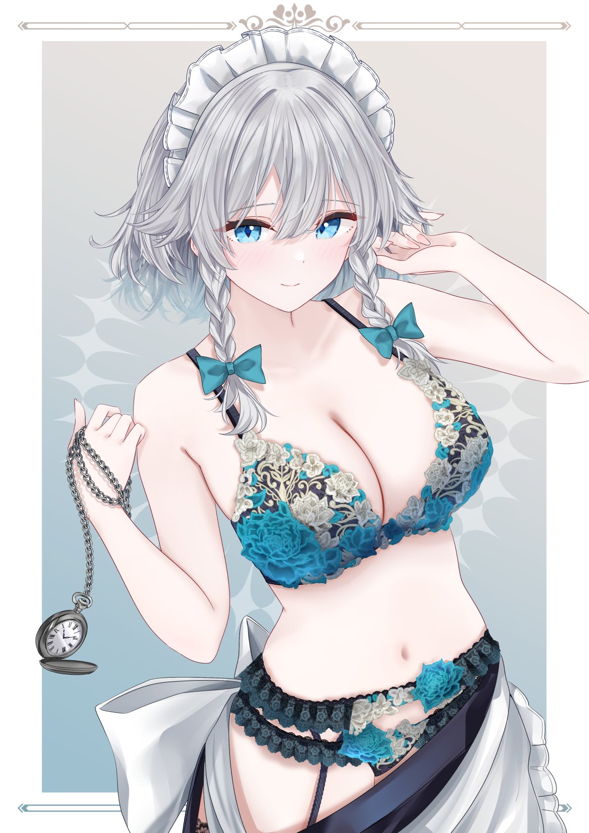 1girls, blue eyes, blue lingerie, female, lingerie, maid headdress, sakuya izayoi, sarasadou dan, silver hair, touhou, touhou project