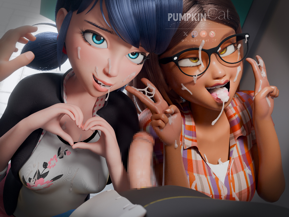 2girls, 3d, 3d (artwork), 3d render, adrien agreste, ahegao face, alya cesaire, artist name, bathroom, beauty mark, blender, blender (artwork), blender cycles, blue eyes, blue hair, breasts, brown hair, censored, clothed, commission, cum, cum on breasts, cum on face, cum on tongue, dark skin, dark-skinned female, double peace sign, double v sign, duo focus, eyes rolling back, female, female focus, ffm threesome, fully clothed, glasses, hazel eyes, heart hands, light skin, light-skinned female, male, marinette dupain-cheng, miraculous ladybug, miraculous: tales of ladybug and cat noir, mole above eye, multiple females, multiple girls, open mouth, partial male, peace sign, penis, penis out, pigtails, public, pumpkincat, straight, threesome, tongue, tongue out, v sign