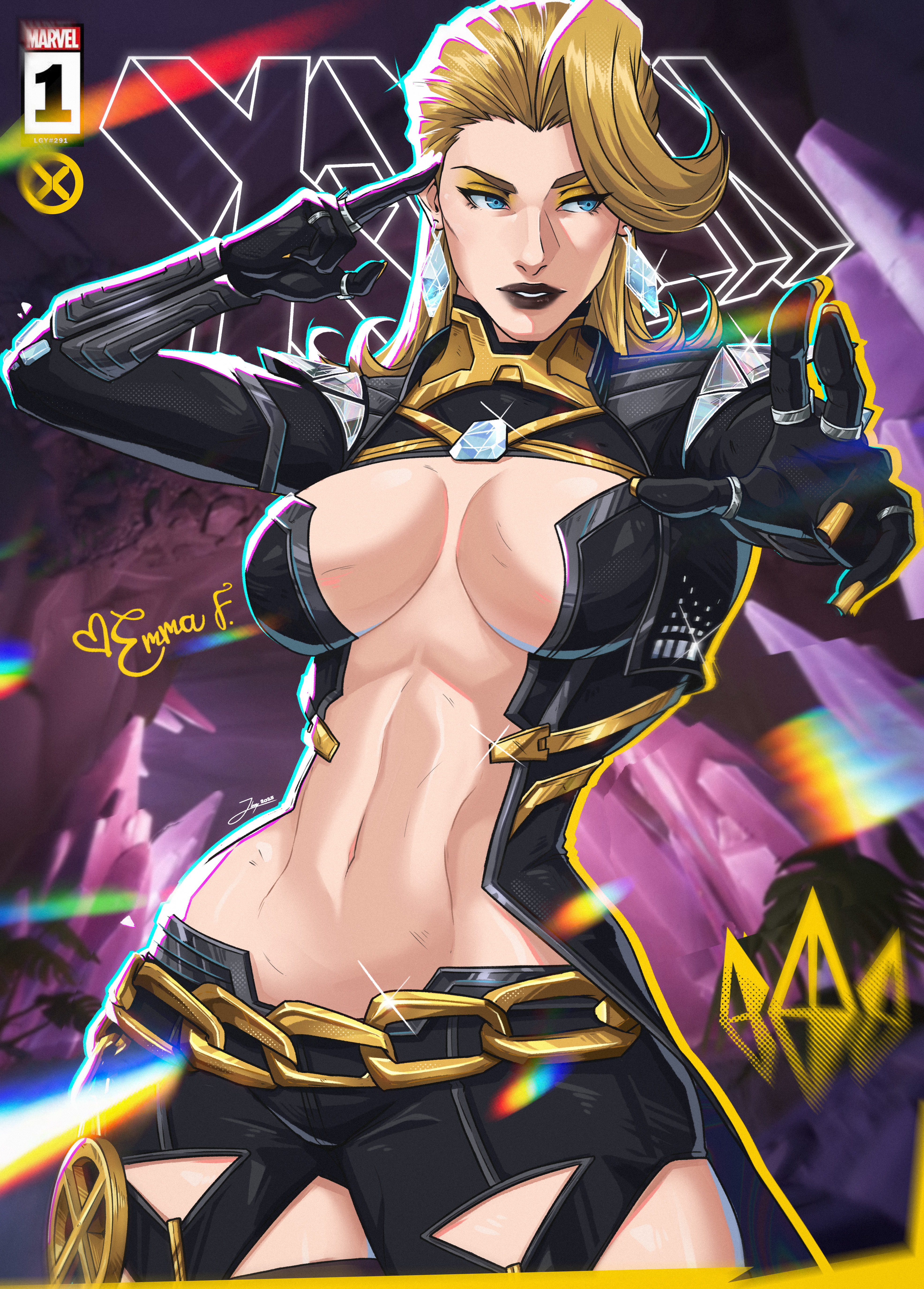 blonde female, blonde hair, blue eyes, breasts, cleavage, emma frost, emma frost (marvel rivals), emma frost (x-revolution), female, huge breasts, jhony caballero, marvel, marvel comics, marvel rivals, thick thighs, wide hips, x-men