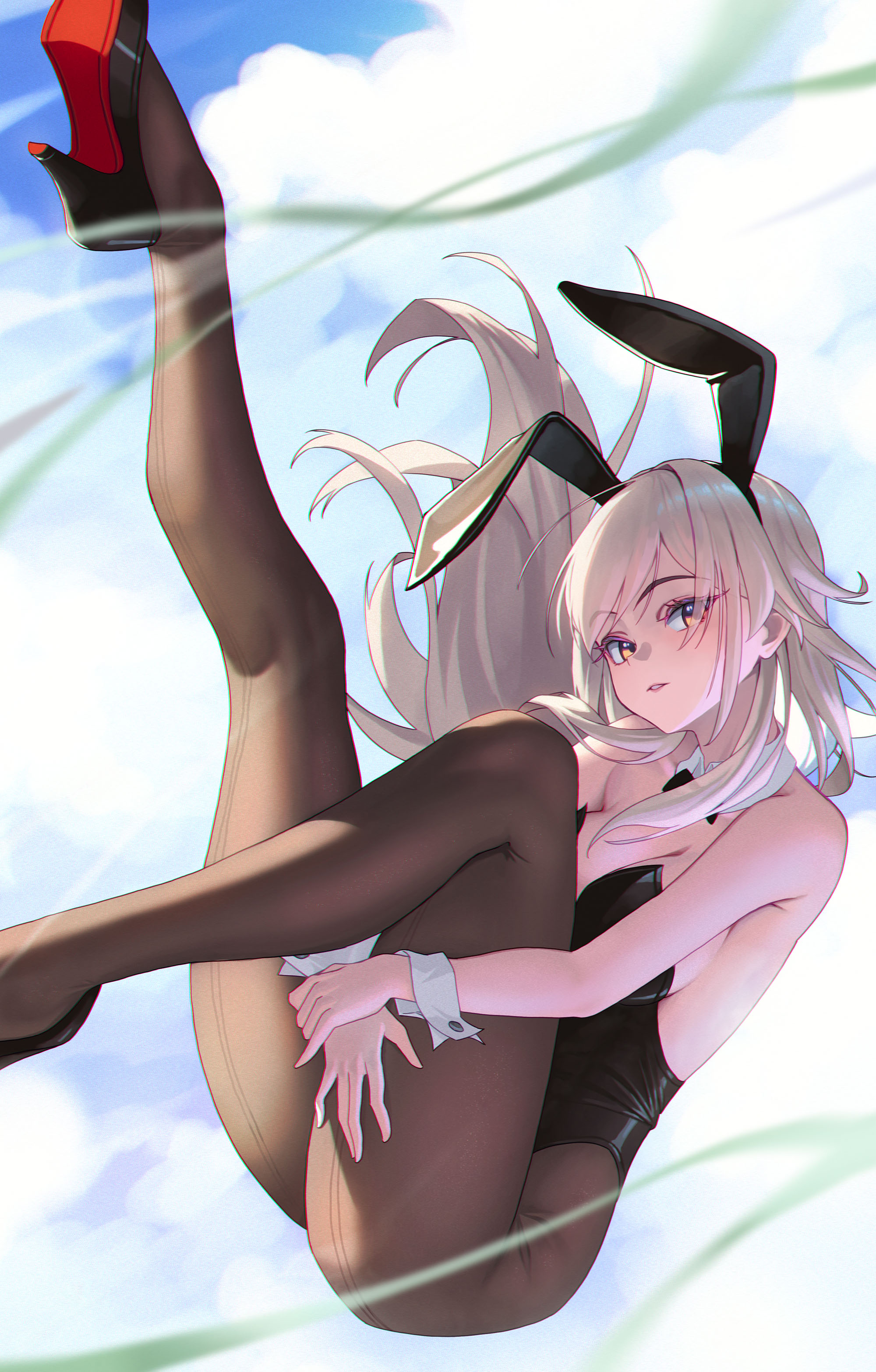 1girls, black bunnysuit, bowlp, bunny ears, bunnysuit, female, grey hair, honkai: star rail, hoyoverse, mihoyo, pantyhose, stelle (honkai: star rail), yellow eyes