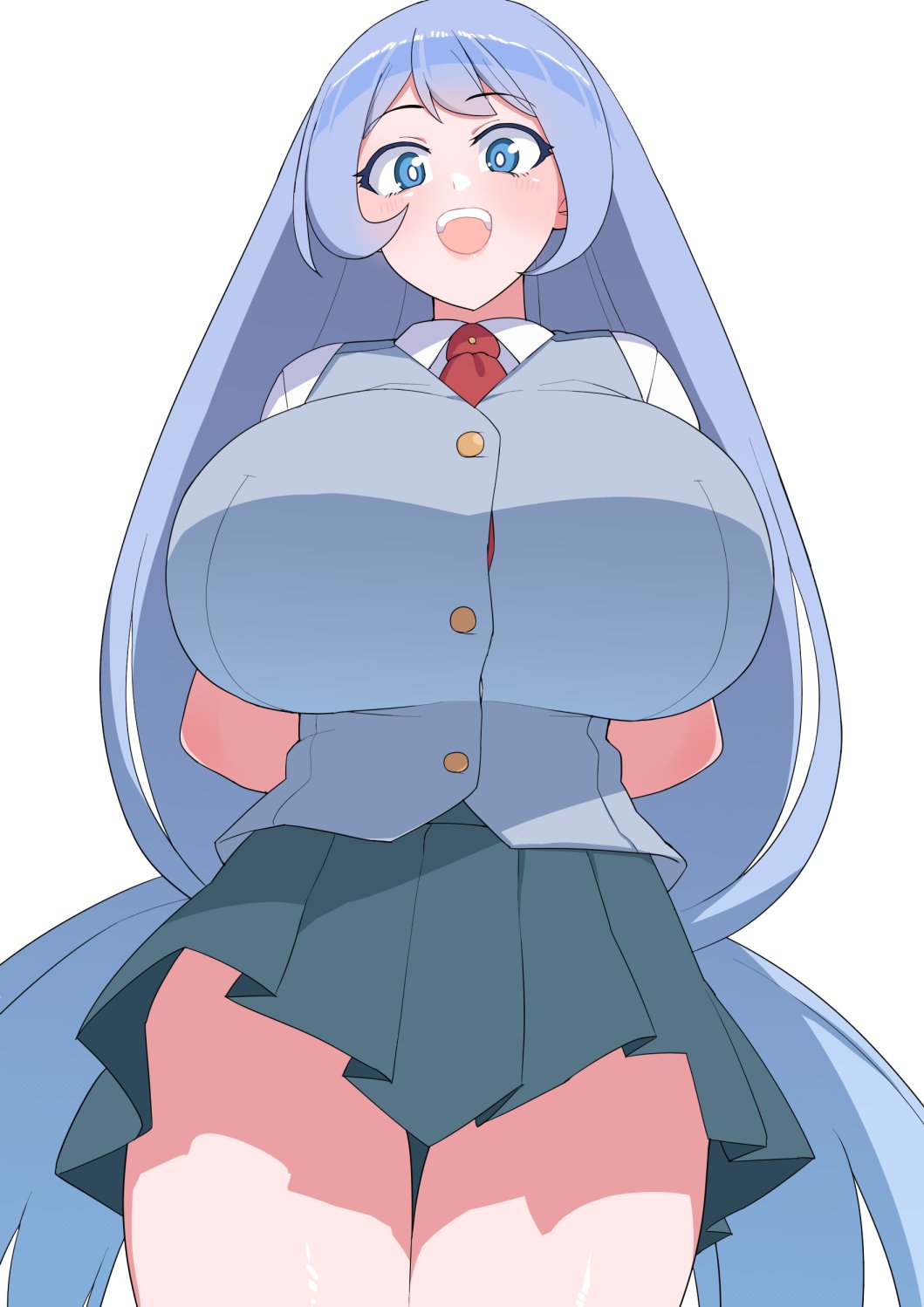 1girls akitokage big_breasts blue_eyes blue_hair blush breasts breasts_bigger_than_head button_gap eye_contact female huge_breasts large_breasts long_hair looking_back looking_down miniskirt my_hero_academia nejire_hado pale-skinned_female pale_skin school_uniform skirt thick_thighs thighs u.a._school_uniform