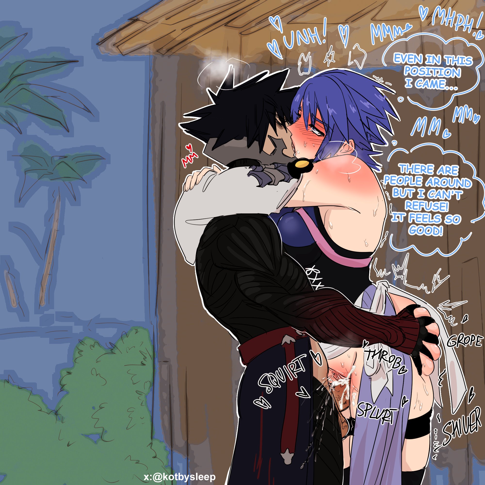 1boy, 1girls, aqua (kingdom hearts), black-haired female, blue eyes, blue hair, blue-haired female, cum, cum in pussy, cum inside, dialogue, female, grass, hidden sex, horny female, kingdom hearts, kissing, kotbysleep, making out, male, nekokat42, no panties, pleasure face, public, public sex, pussy, shack, standing missionary, standing sex, straight, vanitas, woods