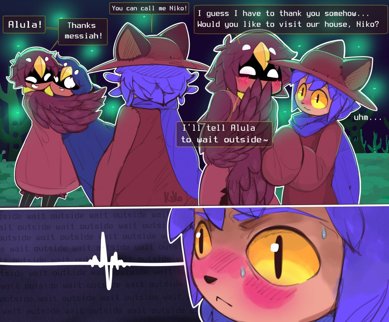 2d, alula (oneshot), blush, calamus (oneshot), comic, dialogue, english dialogue, english text, female, k1ko, male, niko (oneshot), oneshot, tagme, talking, text