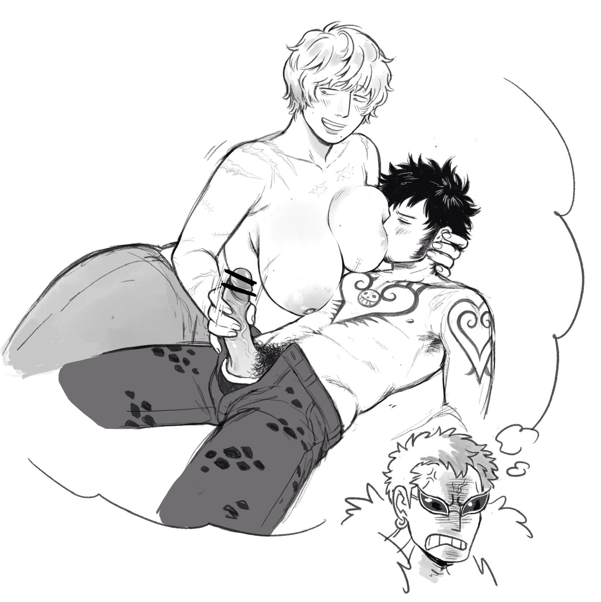 1girls, 2boys, angry, bare legs, big breasts, blush, breast squish, breast sucking, breasts, censored, chest tattoo, donquixote doflamingo, donquixote rosinante, duo focus, erection, facial hair, female, genderswap (mtf), gentle femdom, goatee, handjob, huge breasts, large areolae, long sideburns, male, male and female focus, male pubic hair, monochrome, nursing handjob, one piece, penis, pubic hair, rule 63, scars, scars all over, short hair, shoulder tattoo, sideburns, smile, splunkydunk, straight, sucking nipples, tattoo, tattoos, thought bubble, topless, topless female, topless male, trafalgar law, veiny penis, very short hair