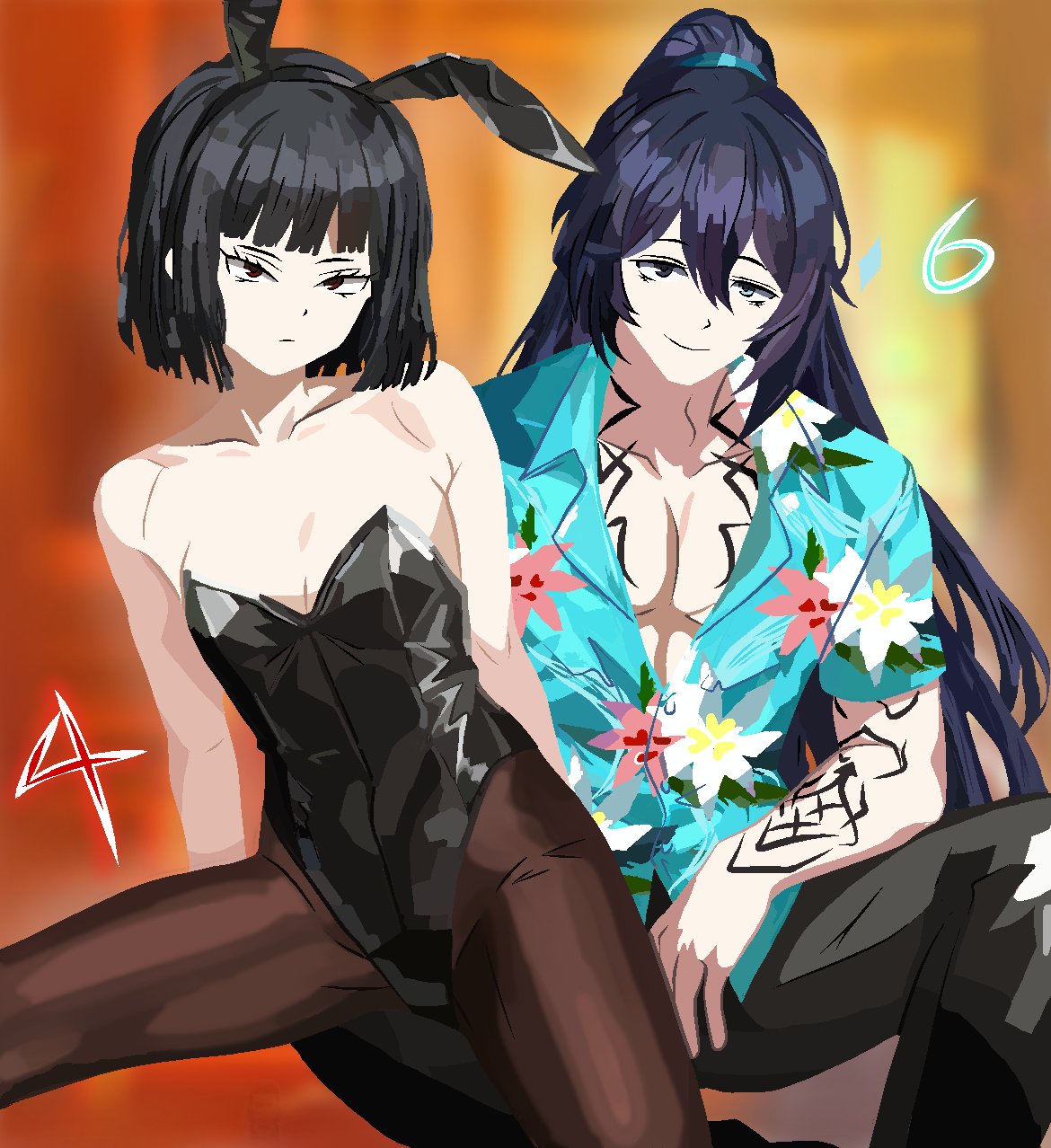 1boy1girl, 1girls1boy, black pantyhose, breasts, bunny costume, bunny ears, bunnysuit, female, female focus, hong lu (limbus company), limbus company, male, male/female, pantyhose, paul camadonnas, project moon, ryoshu (limbus company), small breasts, tagme, thighs, tingtang gang gangleader hong lu (limbus company)