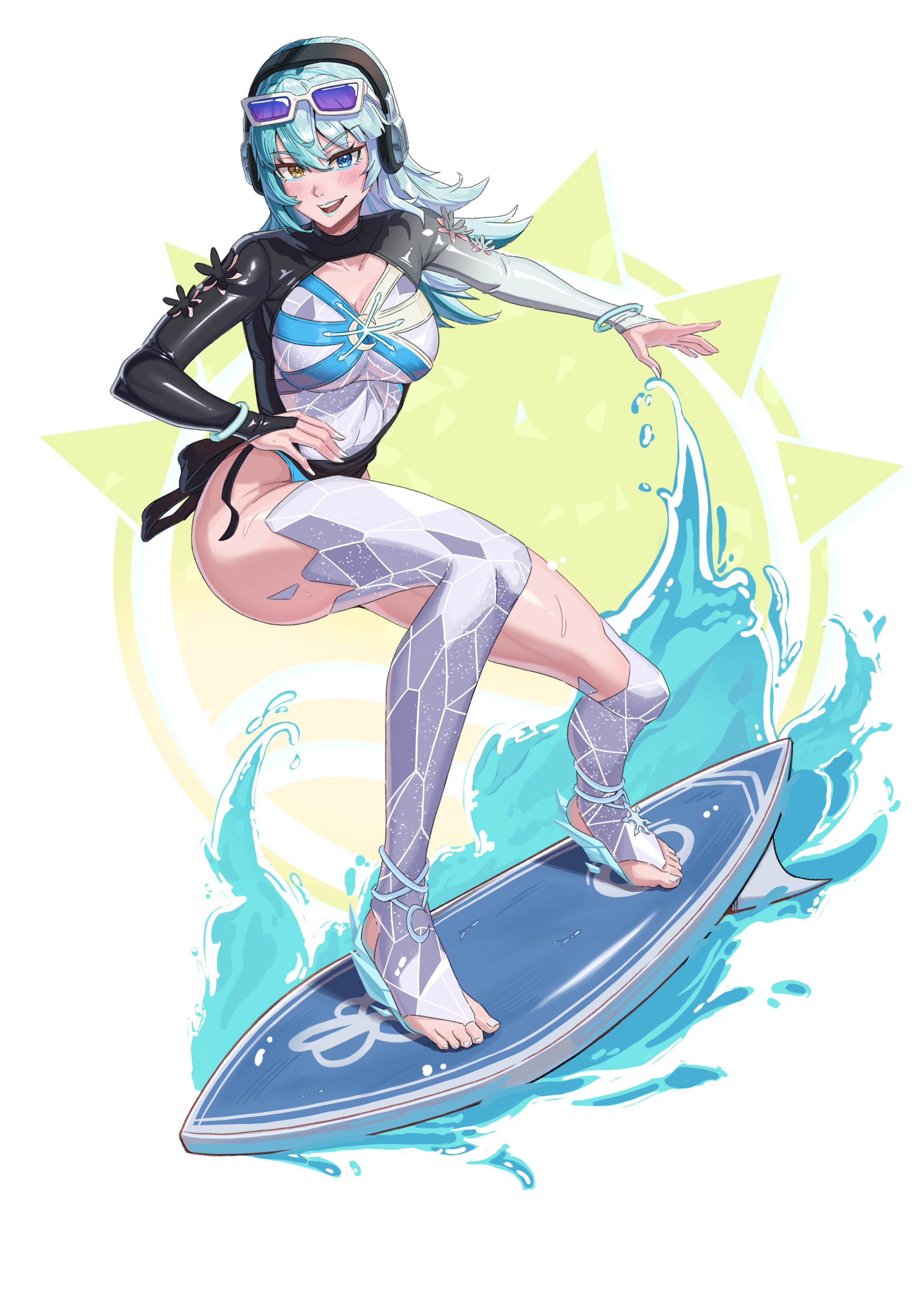 1girls, emmettart, female, luna snow, luna snow (cool summer), luna snow (marvel rivals), marvel, marvel comics, marvel rivals, multicolored eyes, multicolored hair, surfboard, surfing, swimsuit, white swimsuit