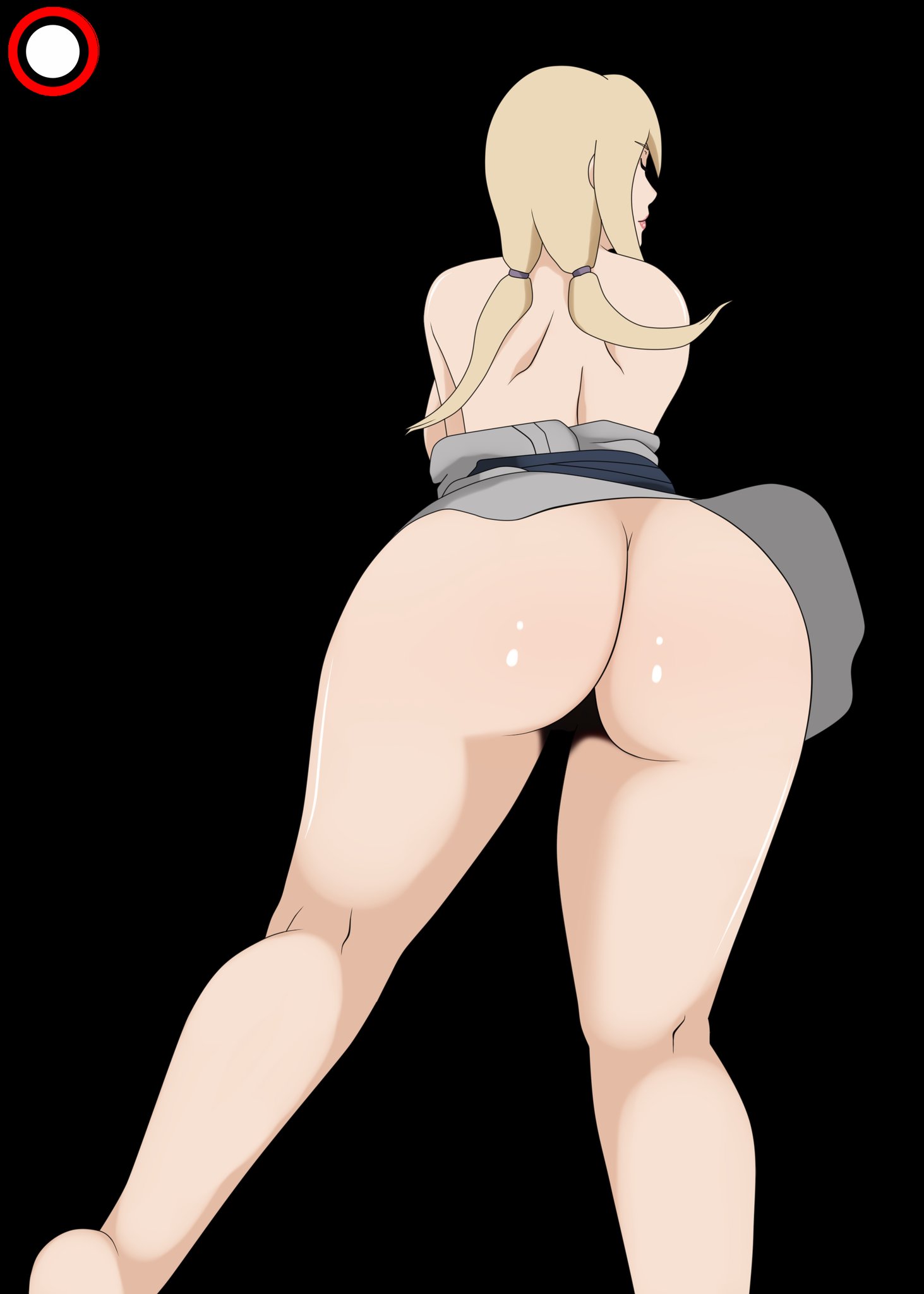 1girls, ass, back view, bare shoulders, barefoot, big breasts, black background, blonde hair, bottomless, breasts, closed eyes, cristalmanor, eyebrows visible through hair, feet, female, female only, kimono pull, lipstick, long hair, makeup, naruto, naruto (series), naruto shippuden, pink lips, shadow, simple background, smile, tied hair, tsunade, twintails