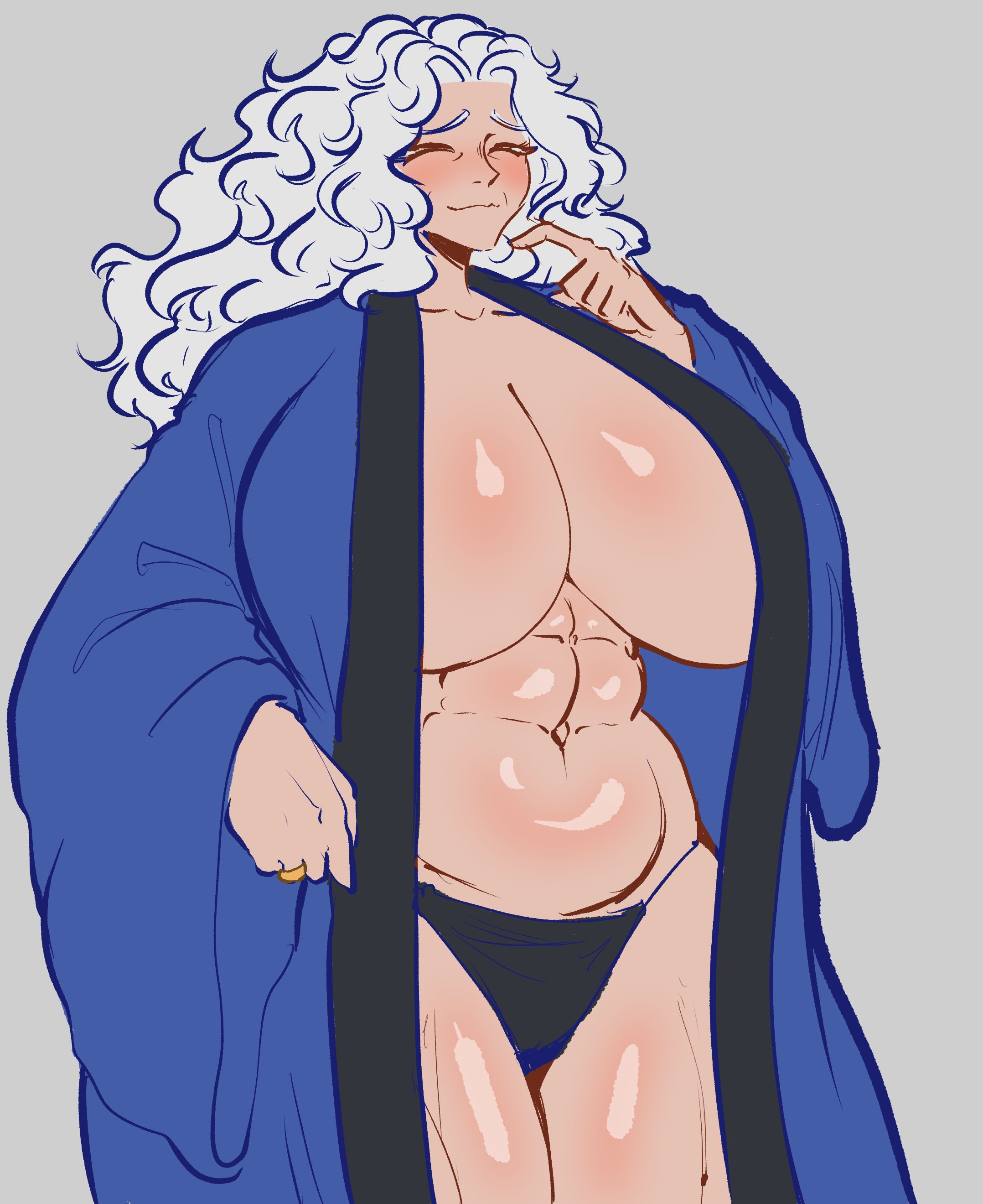 1girls, bathrobe, big breasts, breasts, female, huge breasts, humble shark, kazuyuki, milf, older female, white hair