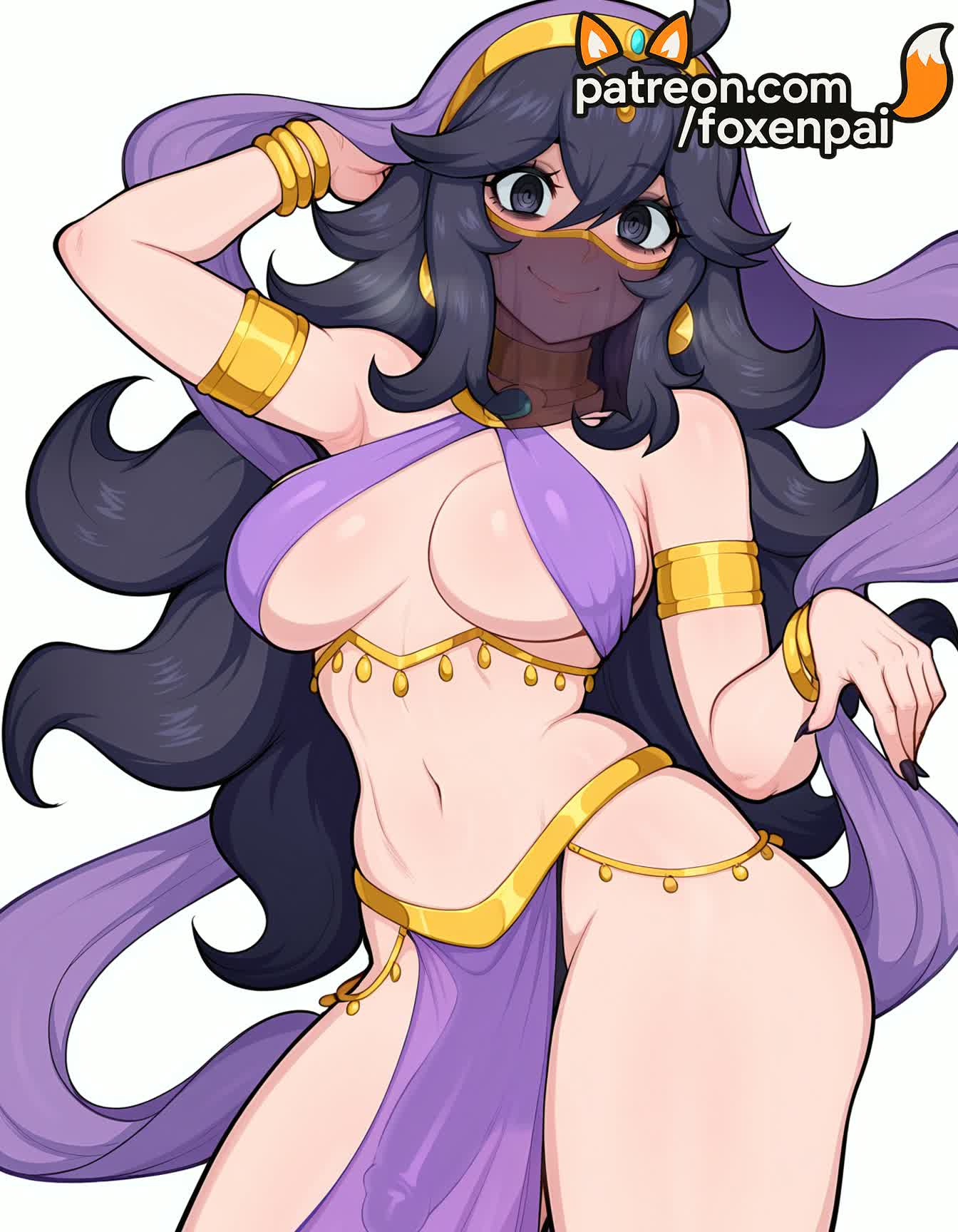 1futa, 2025, ai generated, alternate breast size, artist name, bracelet, breasts, bust, chest, foxenpai, futanari, hairband, hex maniac, hi res, high quality, high resolution, highres, intersex, jewelry, long hair, nail polish, navel, patreon, patreon username, pokemon, smile, solo, stable diffusion, very long hair, watermark