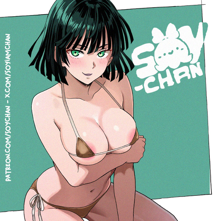 1girls, aqua background, areola slip, arm support, arm under breasts, artist name, barefoot, bikini, blush, border, breasts, brown bikini, collarbone, commentary, commentary request, english commentary, female, female only, fubuki (one-punch man), green eyes, green hair, kneeling, large breasts, micro bikini, mixed-language commentary, navel, one-punch man, open mouth, outside border, patreon username, short hair, side-tie bikini bottom, smile, solo, soy-chan, string bikini, swimsuit, twitter username, white border