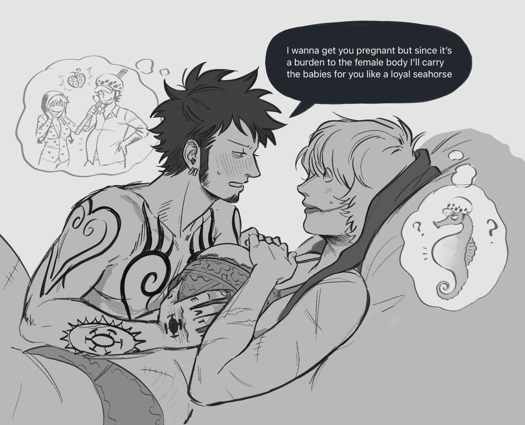 1boy, 1girls, 2d, 2d (artwork), big breasts, blush, bra, breast grab, breasts, chest tattoo, confusion, donquixote rosinante, english text, facial hair, female, genderswap (mtf), goatee, humor, imminent sex, impregnation request, lingerie, lipstick, long sideburns, makeup, male, male pregnancy, monochrome, one piece, panties, pregnancy, pregnant, pregnant male, profile, rule 63, scars, scars all over, short hair, side view, sideburns, splunkydunk, sweatdrop, tattoo, tattoos, thought bubble, trafalgar law