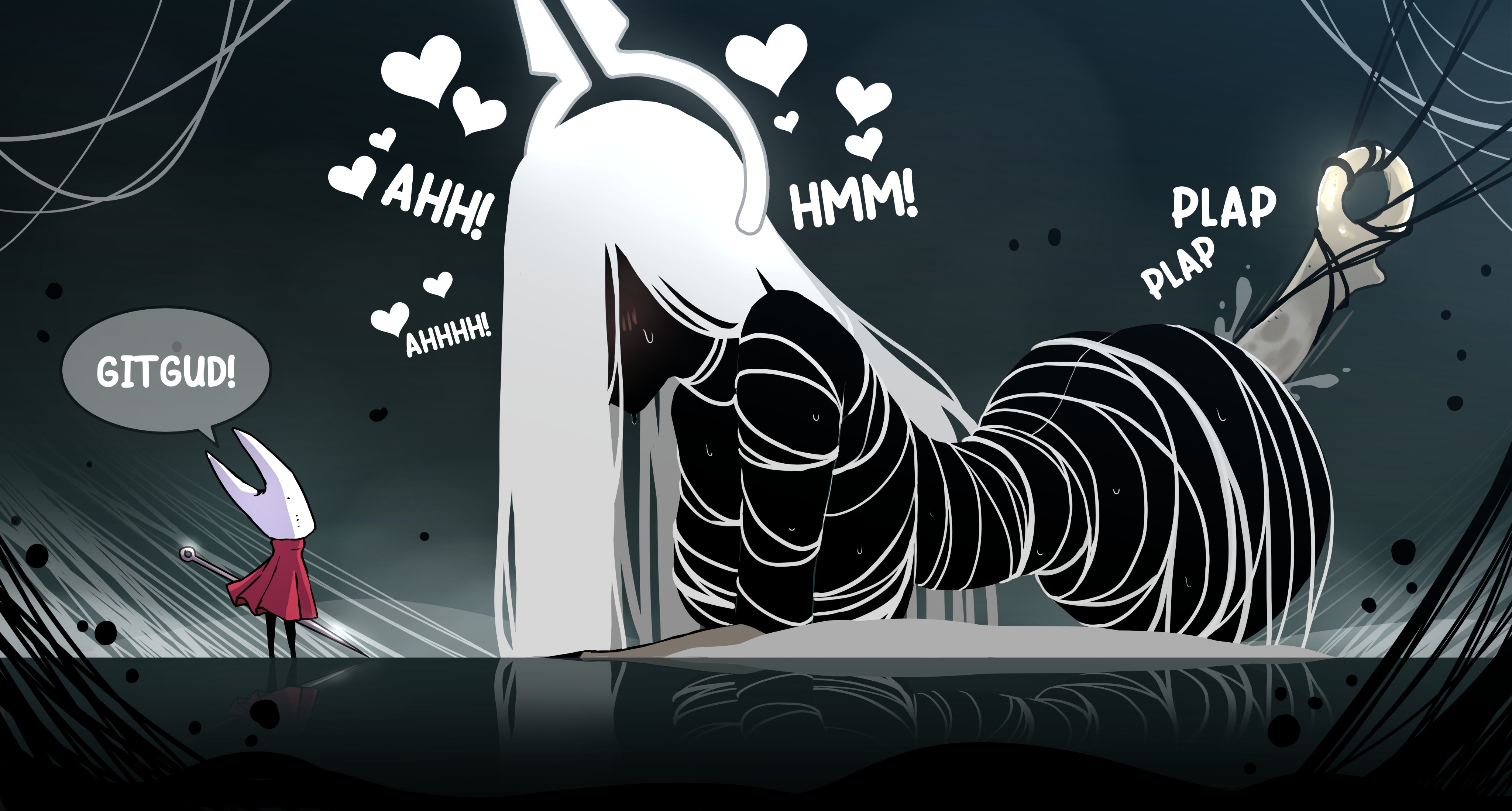 2025, 2girls, absurdres, anal plug, ass, big ass, big breasts, black body, black skin, blush, bodily fluids, bondage, breasts, cloak, corruption, defeated, defeated villainess, female, grand mother silk, heart, hollow knight, hollow knight: silksong, hornet (hollow knight), horns, long hair, on all fours, orpice kun, rape, red clothing, restrained, silk, silksong, sweat, void (hollow knight), white hair