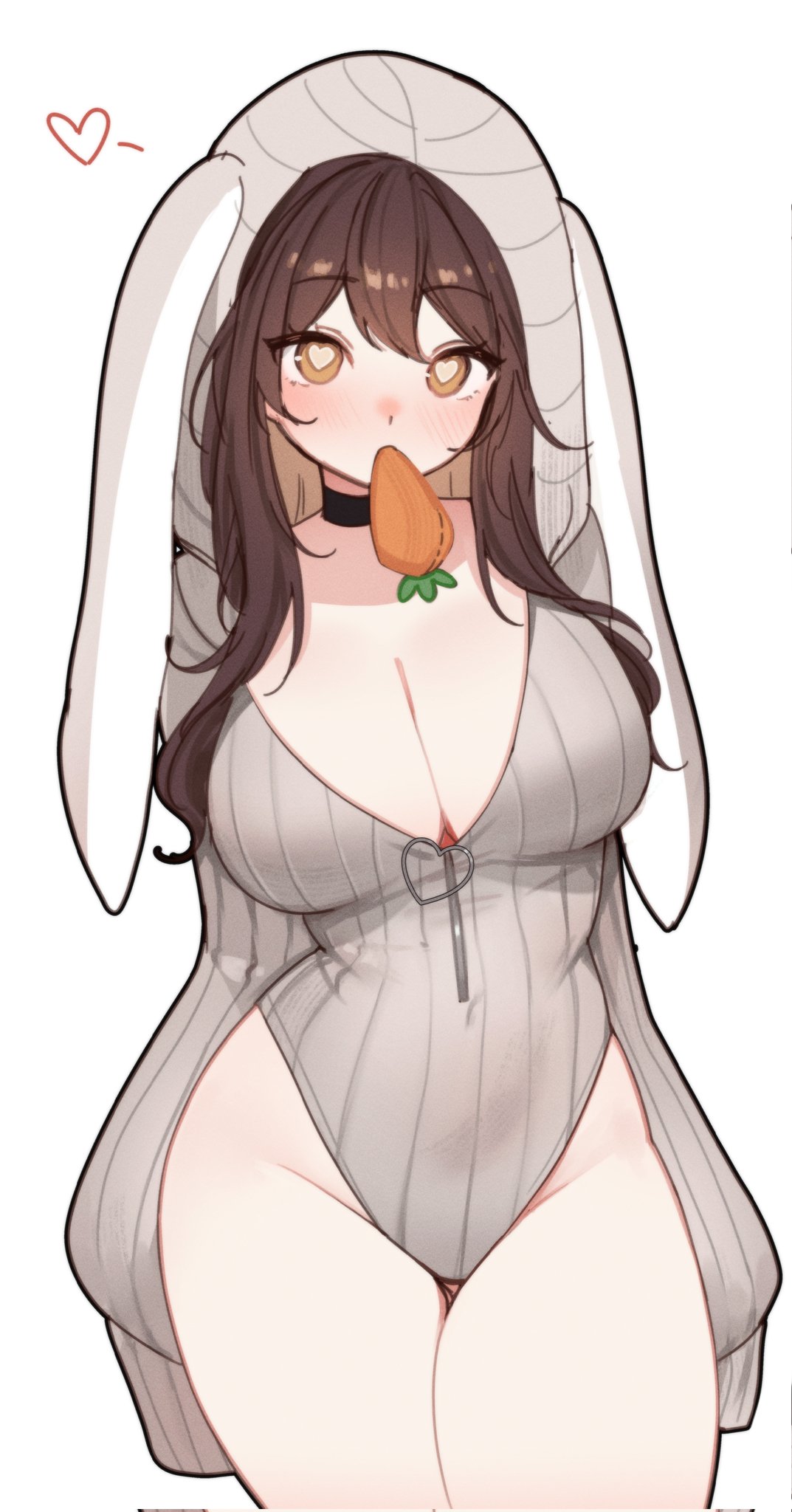 1girls, blush, breasts, brown hair, bunny ears, bunny tail, cleavage, female, female focus, female only, heart-shaped pupils, large breasts, long hair, looking at viewer, original, simple background, sky (skyaboveme), skyaboveme, solo, thick thighs, thighs, virtual youtuber, white background, wide hips