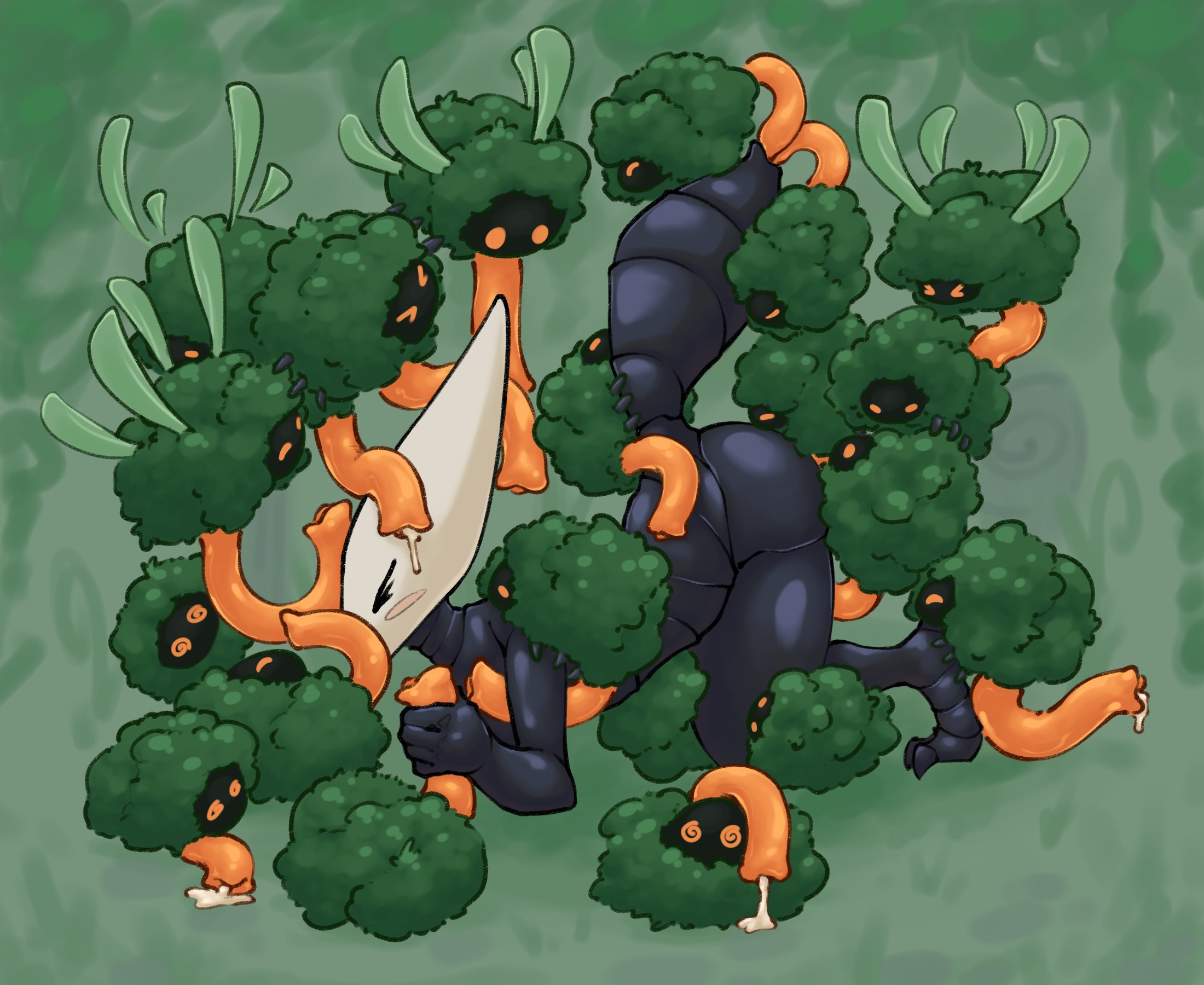 1girls, 2025, anal sex, anthro, anthro on anthro, black body, black skin, blush, carapace, closed eyes, cum, doggy style, female, gangbang, group sex, hi res, hollow knight, hornet (hollow knight), horns, latristesse, leaves, male, male/female, many on one, moss, mosscreep, mosskin, orange eyes, pussy, sex, swirly eyes, vaginal penetration, vegetation, wings