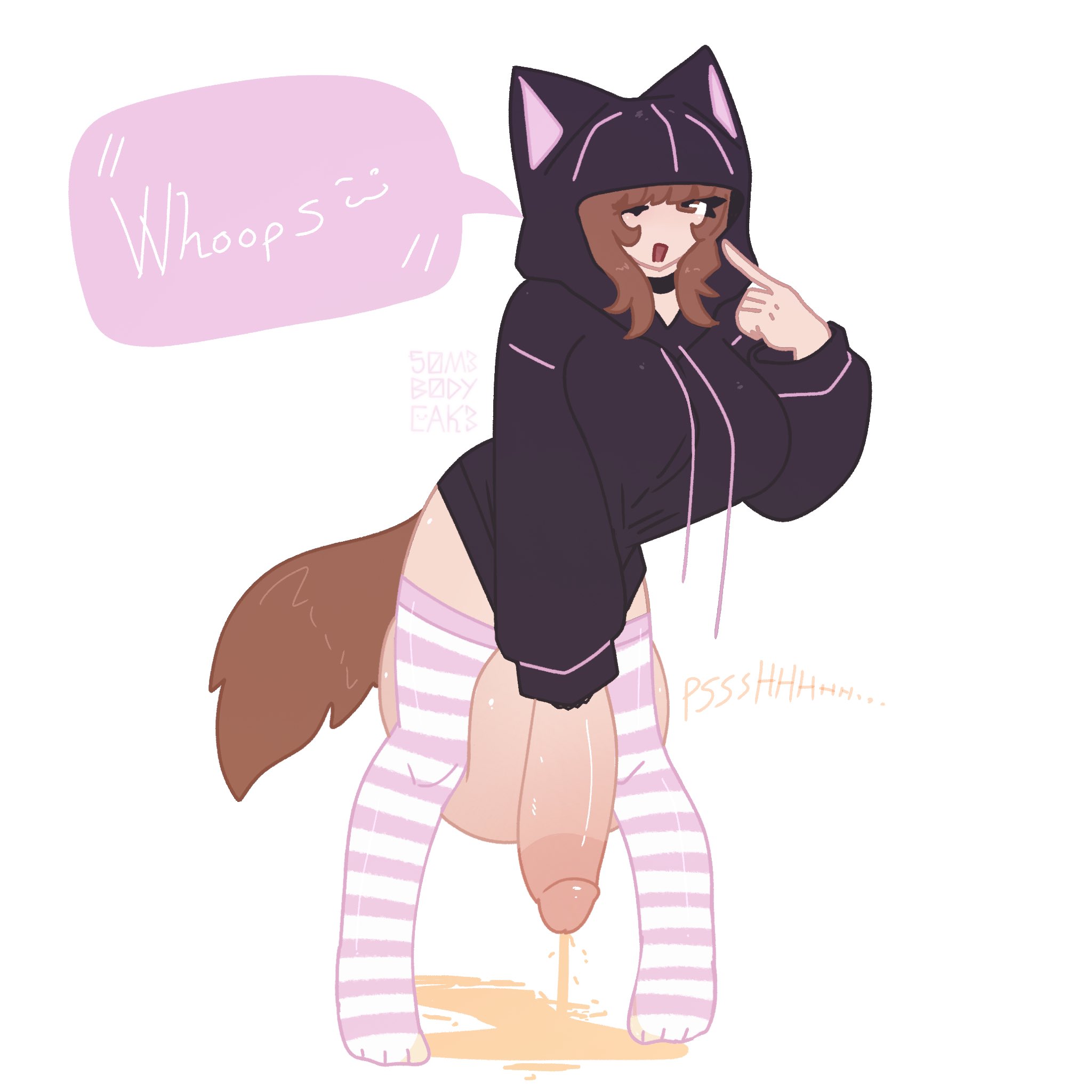1futa, 50m3b0dyc4k3, animal ears, bottomless, brown hair, clothed, clothing, erection, futa only, futanari, huge cock, humanoid, intentional pants wetting, intersex, kemonomimi, light skin, light-skinned futa, male, omorashi, peeing, penis, smooth penis, solo, tail, thighhighs, watersports