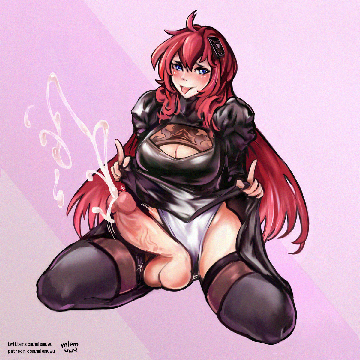 1futa, 2020, balls, blue eyes, blush, color, colored, cum, cumshot, ejaculation, erection, futa only, futanari, hands-free, handsfree ejaculation, intersex, legwear, long hair, looking at viewer, mlemuwu, nier (series), nier: automata, original, original character, patreon, patreon username, penis, red hair, simple background, solo, solo focus, tagme, thighhighs, tongue, tongue out, vein, veins, veiny, veiny penis, yorha 2b