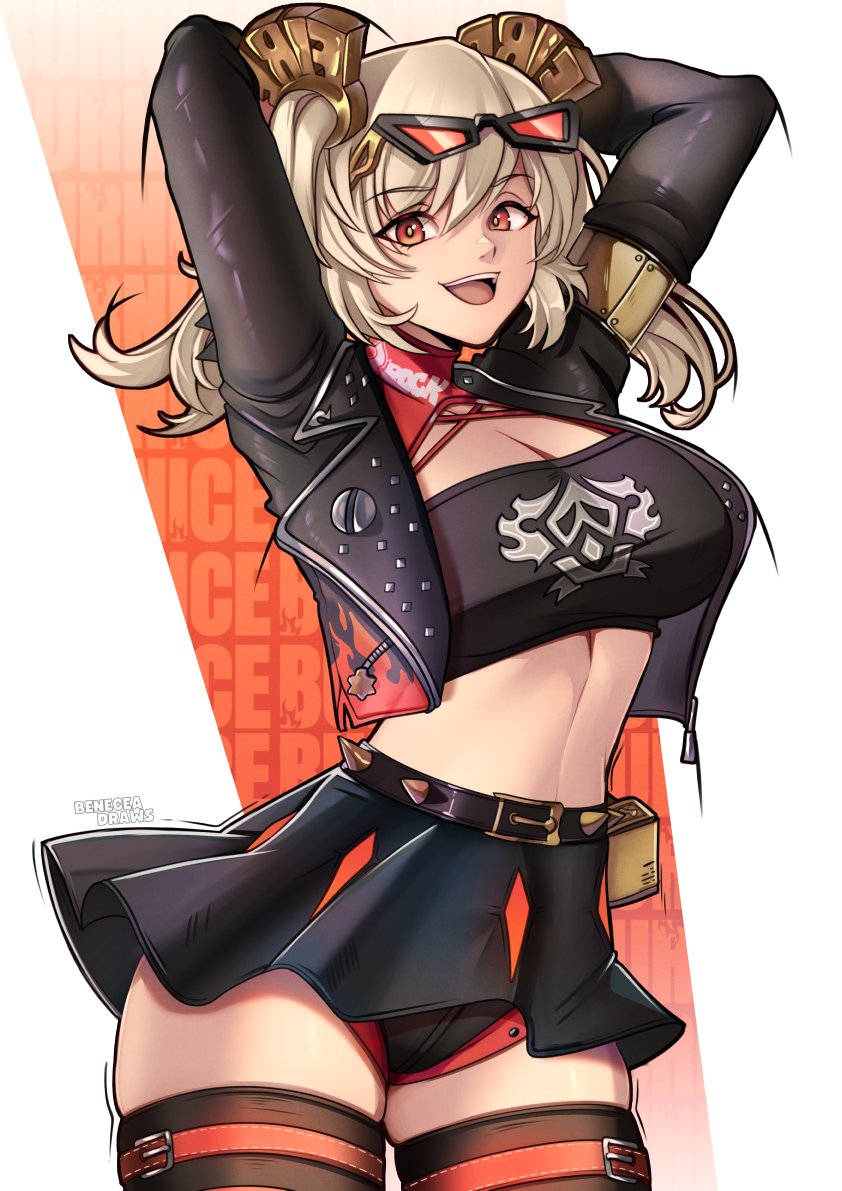 1girls, arms behind head, artist name, belt, beneceadraws, black belt, black jacket, black shorts, black skirt, black thighhighs, black-framed eyewear, blonde hair, breasts, burnice white, character name, cleavage, commentary, crop top, eyewear on head, female, female only, flame print, hair ornament, jacket, large breasts, long sleeves, looking at viewer, medium hair, midriff, open mouth, red eyes, red-tinted eyewear, shorts, shorts under skirt, skirt, smile, solo, spiked belt, sunglasses, thigh belt, thigh strap, thighhighs, tinted eyewear, twintails, upper body, zenless zone zero