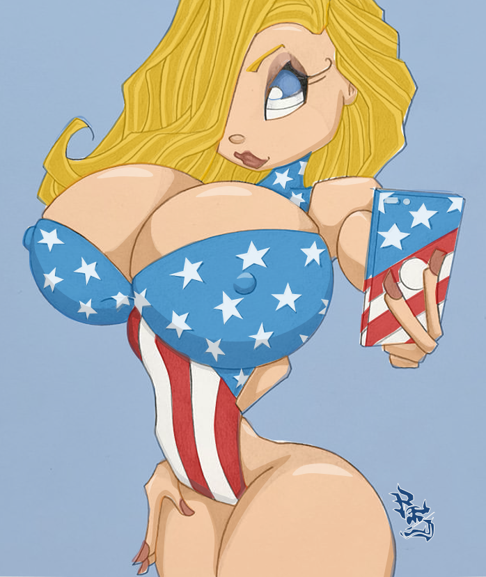 1girls american_flag american_flag_bodysuit bimbo cellphone female huge_breasts patriotika phone pinup_girls rsterling solo stef_wilson superheroine