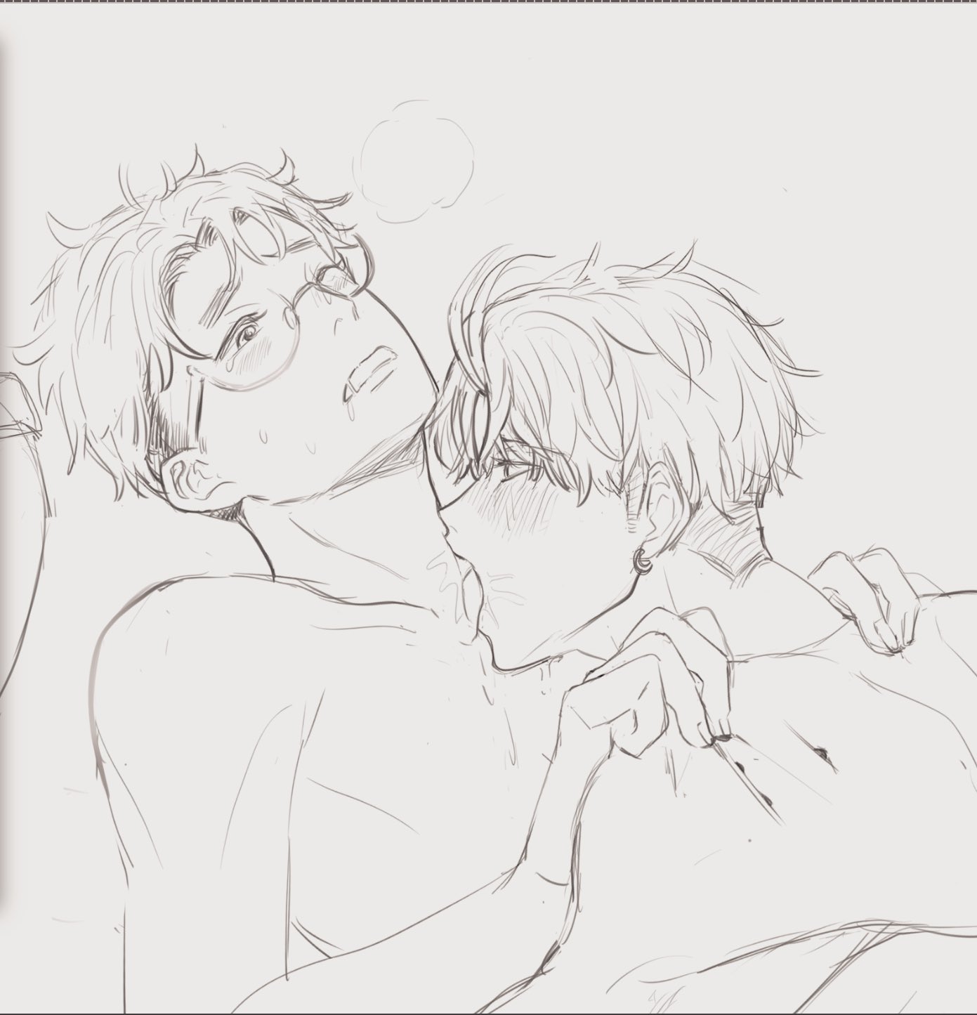2boys, blood, blush, dandadan, drooling, earrings, gay, glasses, holding shoulder, implied sex, jin enjoji, licking, licking neck, male, male only, muscular, no color, one eye closed, open mouth, piercing, round glasses, scratches, short hair, takakura ken (okarun), tearing up, twink, uncolored, undercut, visible breath, yaoi