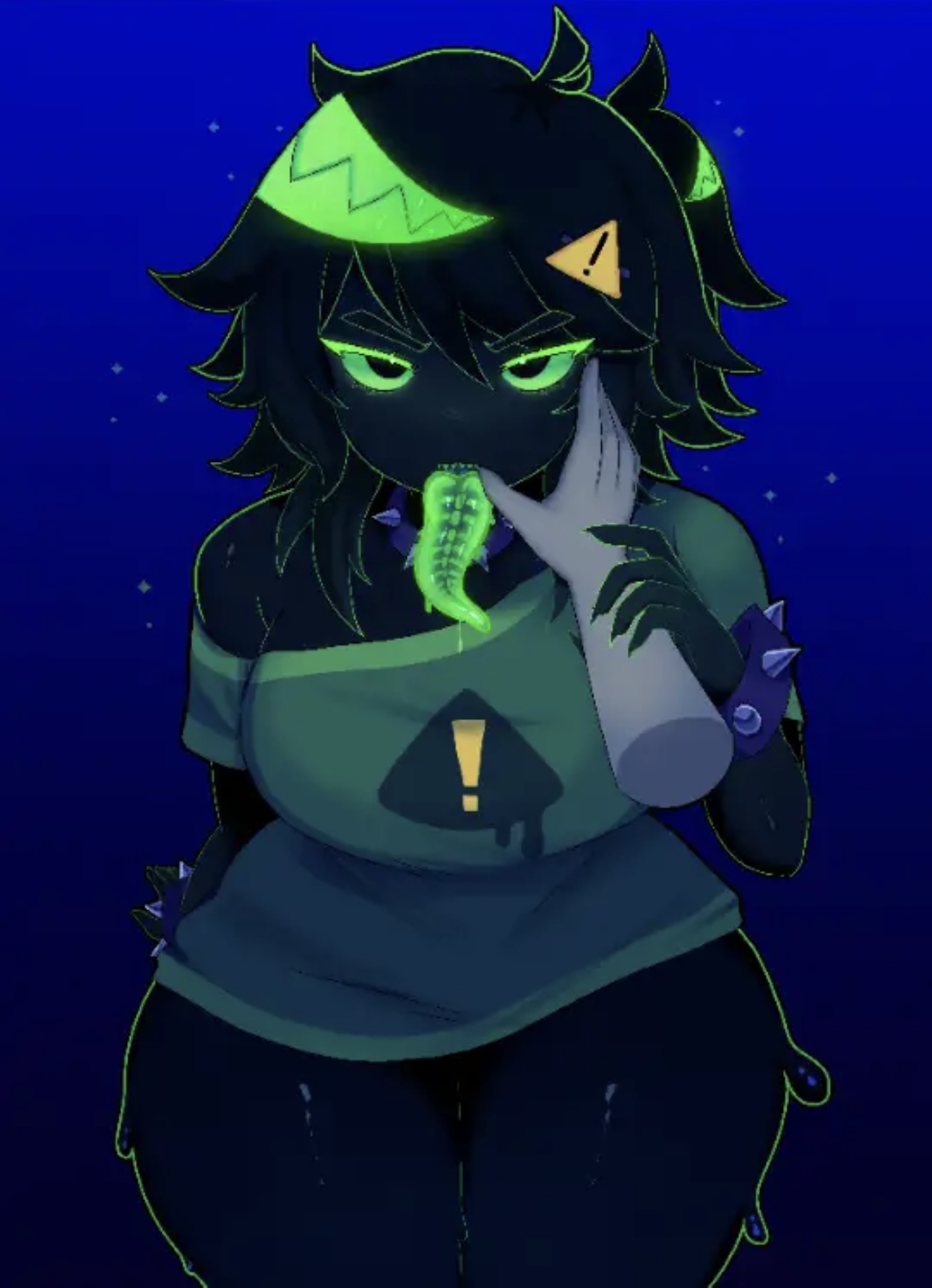 2025, 2d, 2d (artwork), 2d artwork, black body, black eyebrows, black eyes, black hair, blue background, genderfluid, glowing tongue, green clothing, green eyelashes, green sclera, green shirt, green teeth, holding wrist, houndeater, looking at viewer, nails, phi (phisnom), phisnom, ponytail, shiny skin, sitting, skele-tongue, slime, spiked bracelet, spiked collar, teeth, teeth showing, thick thighs, thighs, tongue, tongue drip, tongue out, toxic, warning sign, wide hips