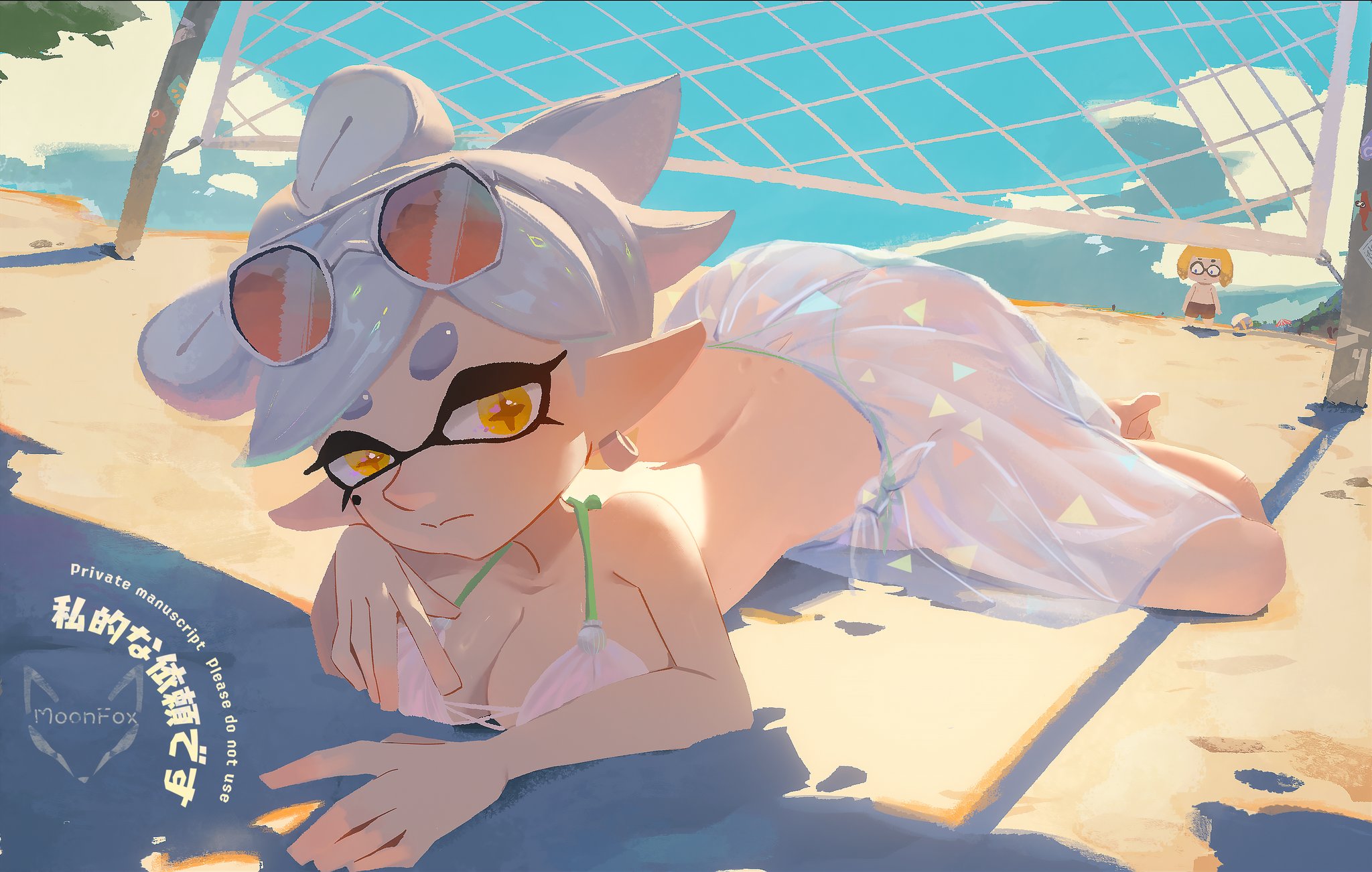 + +, 1girls, artist name, ass, beach, beach umbrella, big ass, bikini, breasts, closed mouth, cloud, cloudy sky, cousins, day, domino mask, earrings, eyewear on head, female, female only, food on head, inkling, inkling girl, jewelry, long hair, looking at viewer, lying, marie (splatoon), mask, mole, mole under eye, nintendo, object on head, on stomach, outdoors, pointy ears, red hair, see-through, shade, short hair, sky, smile, solo focus, splatoon, splatoon (series), sunglasses, swimsuit, tentacle hair, umbrella, zhang tian57284