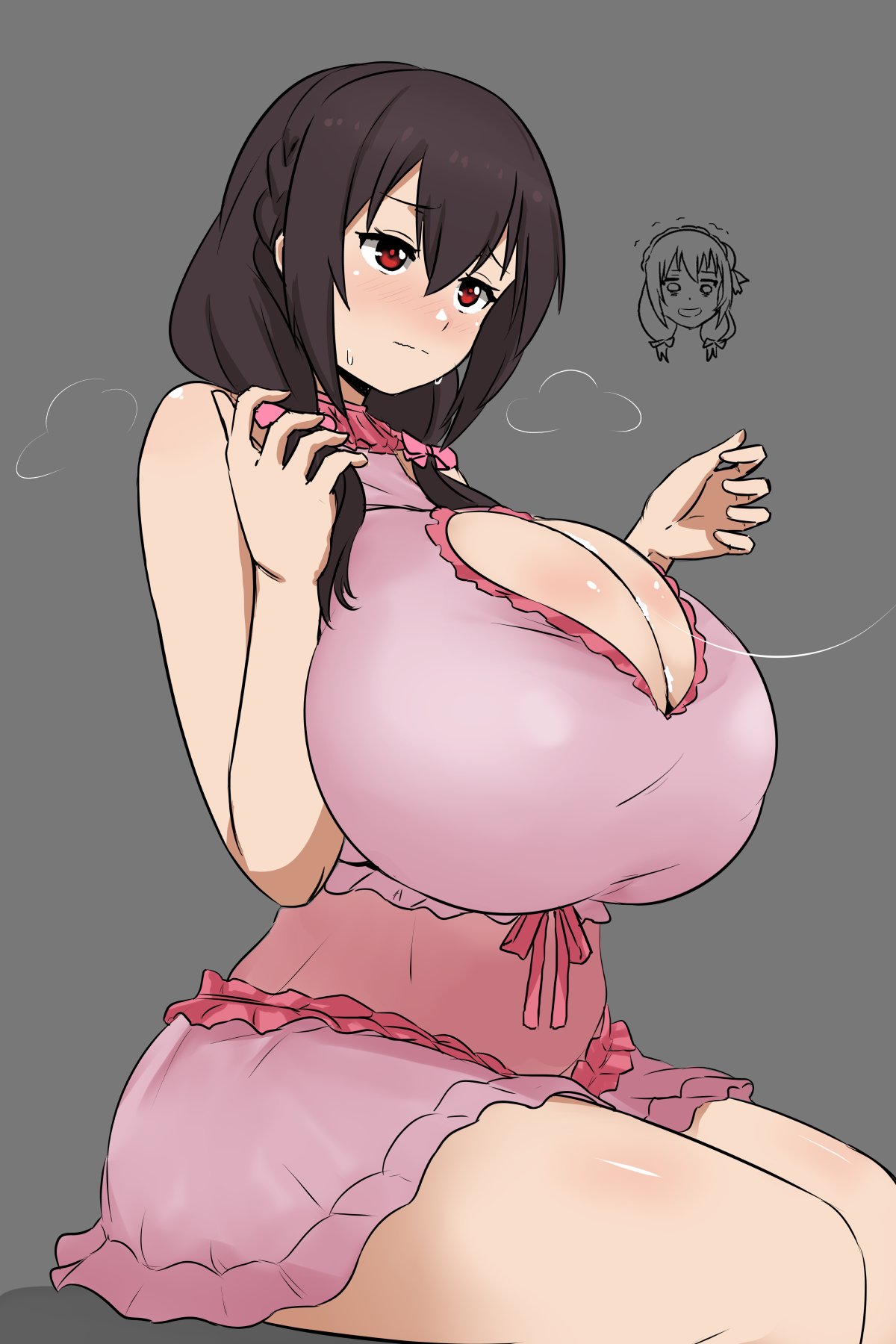 1girls, after paizuri, bare shoulders, big breasts, black hair, blush, braid, breasts, cleavage, cleavage cutout, female, female only, huge breasts, kono subarashii sekai ni shukufuku wo!, light-skinned female, long hair, nao (ritsancrossover), red eyes, sitting, solo, thighs, yunyun (konosuba)