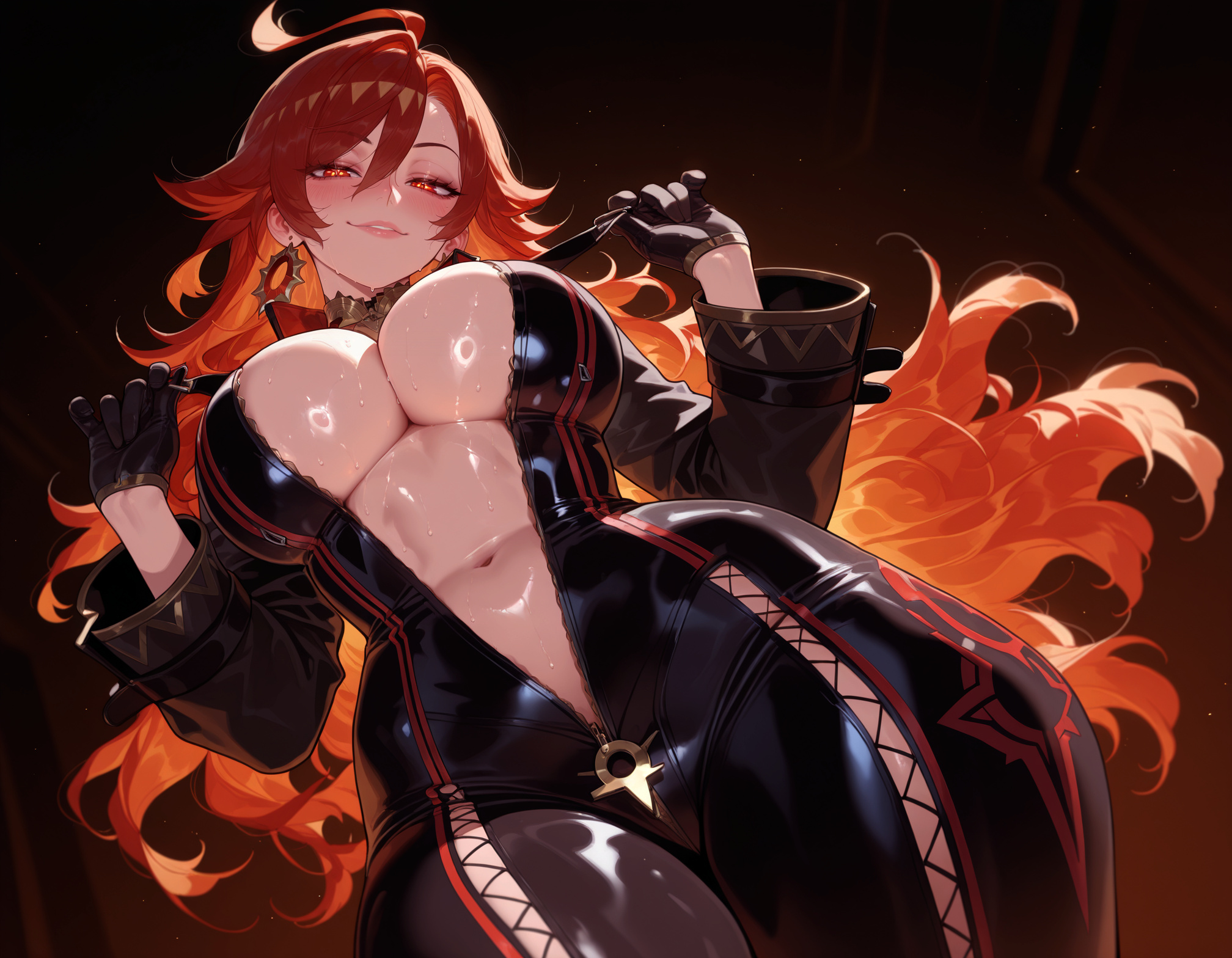 1girls, ahoge, ai generated, balecxi, bangs, black bodysuit, black gloves, blush, bodysuit, breasts, center opening, cleavage, clothing, collar, curvaceous, curvaceous female, curvaceous figure, curvy, curvy figure, earrings, female, female focus, female only, from below, genshin impact, gloves, grin, hair between eyes, holding whip, inviting, jewelry, large breasts, leash, long hair, long sleeves, looking at viewer, looking down, mavuika (genshin impact), navel, open bodysuit, open clothes, orange hair, parted lips, partially unzipped, plunging neckline, presenting, presenting ass, presenting breasts, presenting hindquarters, presenting self, red eyes, red hair, riding crop, seductive, seductive look, seductive smile, smile, solo, standing, stomach, sweat, thighs, unzipped, very long hair, very sweaty, voluptuous, voluptuous female, whip, zipper