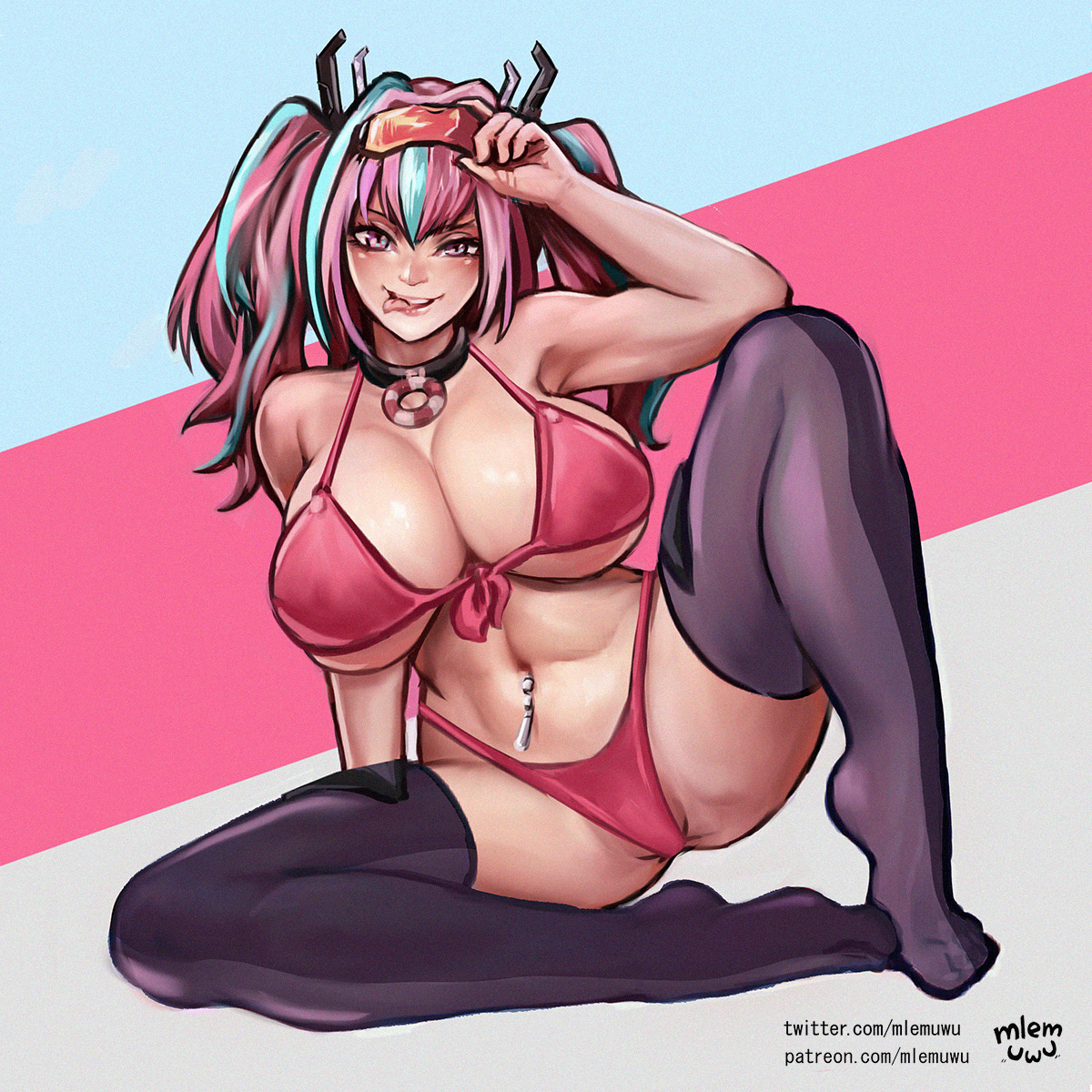 :d, 1girls, 2020, azur lane, big breasts, bikini, bikini bottom, bikini top, blue hair, blush, breasts, bremerton (azur lane), collar, color, colored, female, female only, fit, fit female, focus, goggles, goggles on head, hair, hair ornament, large breasts, legs, legwear, lips, long hair, looking at viewer, mlemuwu, muscular, navel, patreon, patreon username, piercing, pink bikini, pink eyes, pink hair, shiny, shiny breasts, shiny skin, signature, simple background, sitting, solo, swimsuit under clothes, tagme, teeth, text, thighhighs, thighs, toes, tongue, tongue out, twintails, twitter username, white skin