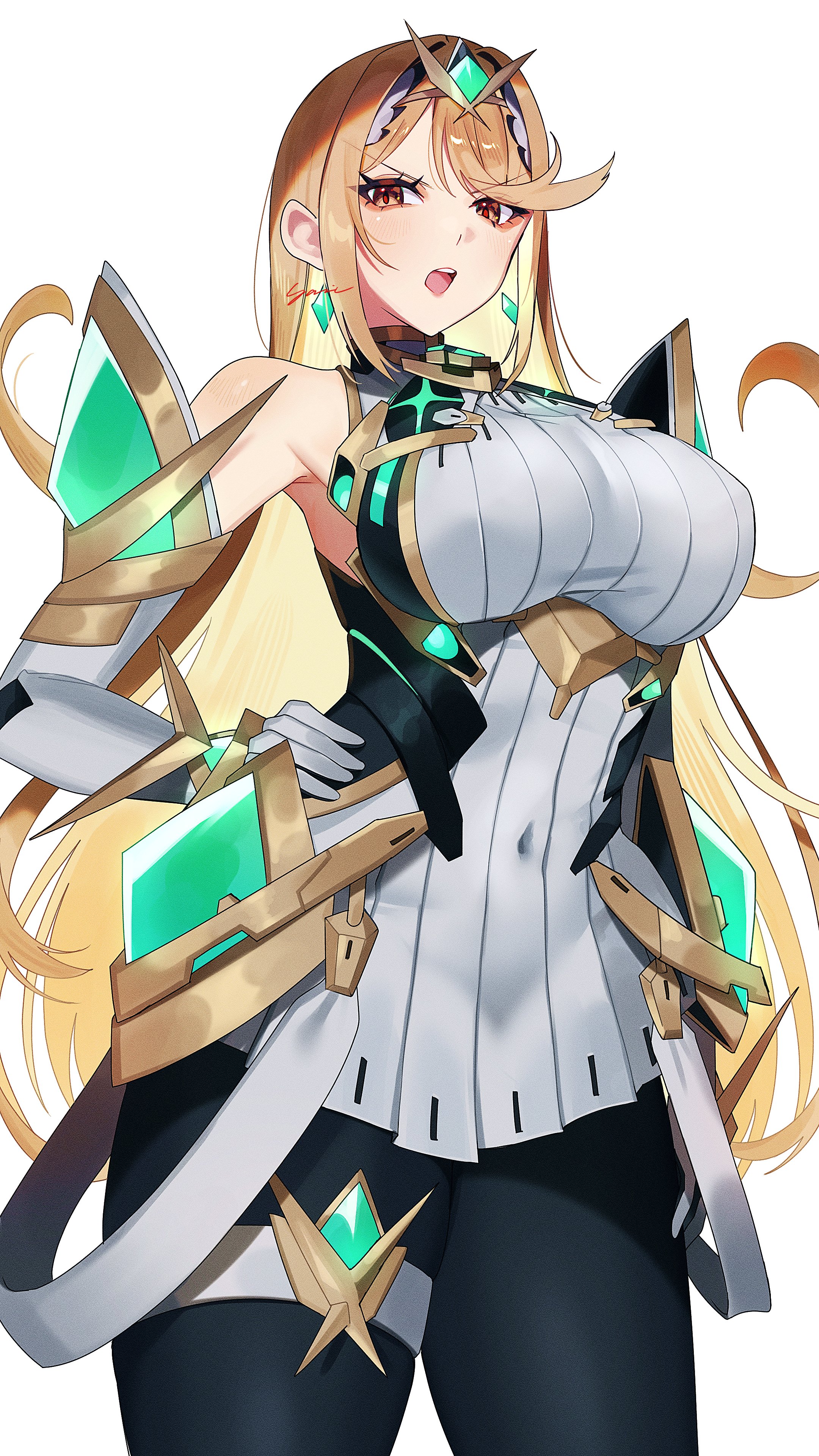 1girls, absurdres, arm guards, bare shoulders, black pantyhose, blonde hair, breasts, chest jewel, dress, earrings, elbow gloves, female, female only, floating earrings, gloves, hand on own hip, highres, jewelry, large breasts, long hair, microdress, monolith soft, mythra, mythra (massive melee), neon trim, nintendo, open mouth, pantyhose, solo, super smash bros., super smash bros. ultimate, suspenders, swept bangs, teeth, thigh strap, tiara, upper teeth only, v-shaped eyebrows, very long hair, white dress, white gloves, xenoblade (series), xenoblade chronicles 2, yasaikakiage, yellow eyes