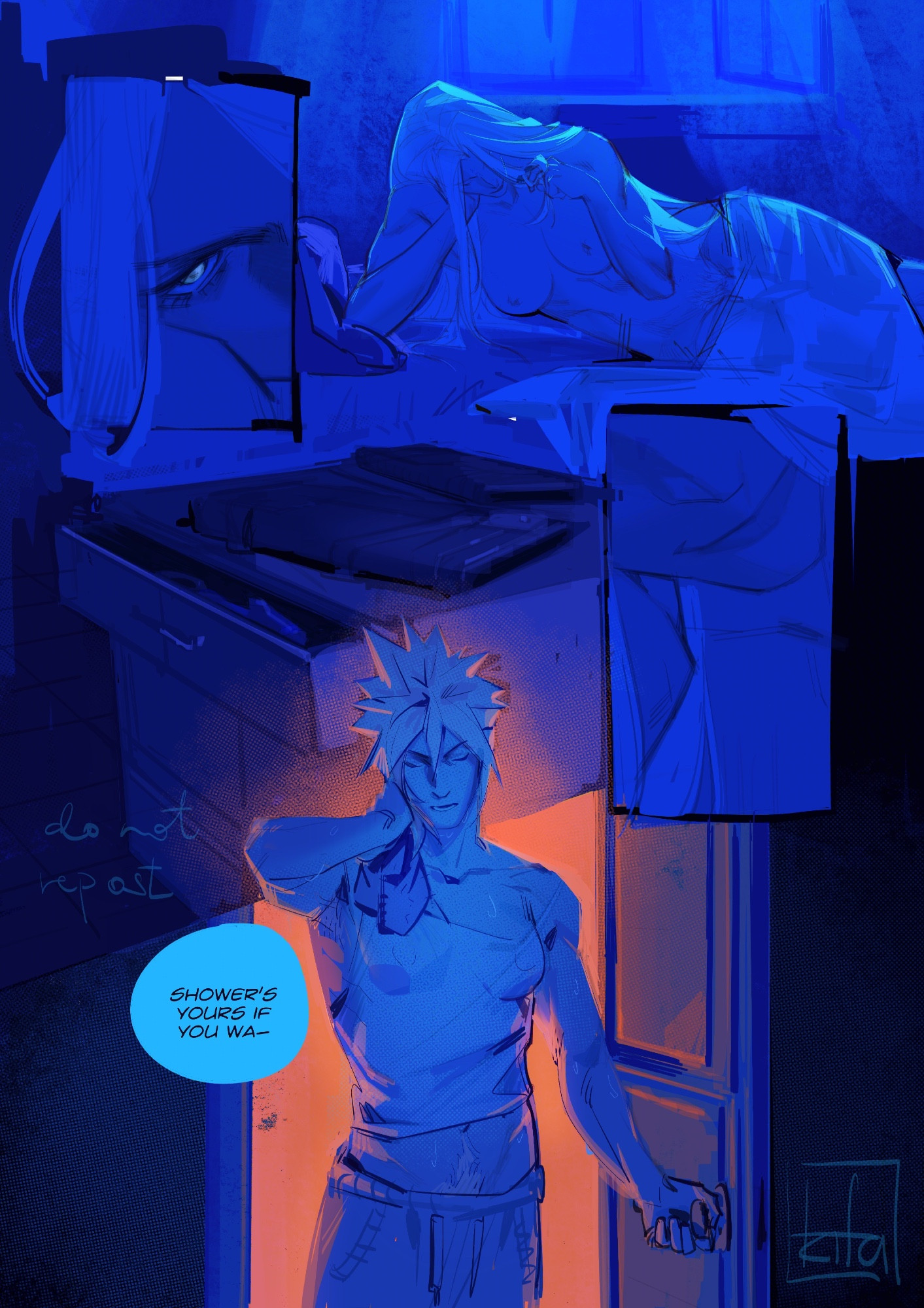 2girls, breasts, butch, cloud strife, comic, comic page, english text, female, female/female, final fantasy, final fantasy vii, genderswap (mtf), kurdupl, laying on bed, laying on side, long hair, monochrome, muscular, muscular female, naked, nipples, nude, rule 63, sephiroth, speech bubble, spiky hair, square enix, tagme, yuri