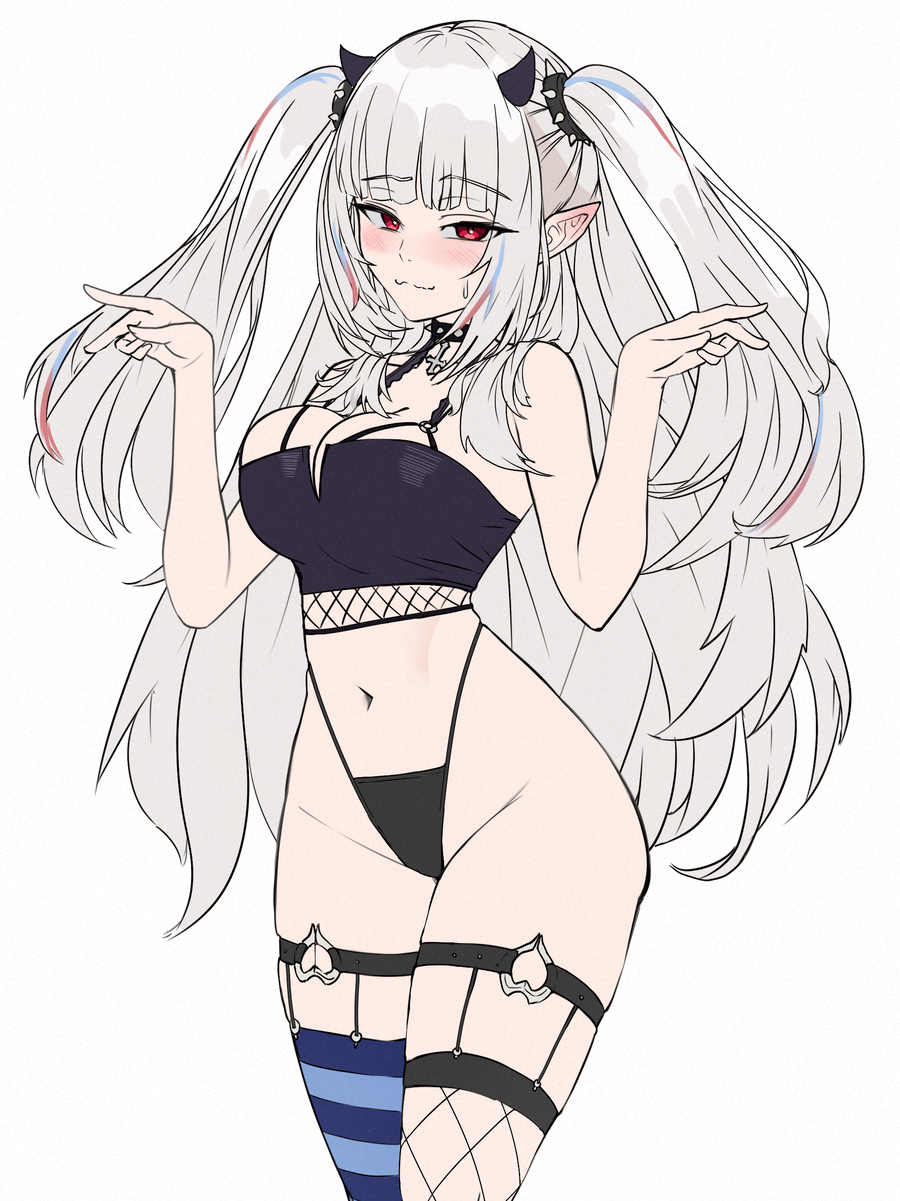 1girls, ass, birthing hips, breasts, breasts spilling out, demon girl, demon horns, female, grey hair, heiz illust, hips, indie virtual youtuber, lucy pyre, medium breasts, pantis, pointy ears, red eyes, spiked collar, thigh strap, thighhighs, thighs, twintails, virtual youtuber, vtuber, whale tail (clothing), wide hips