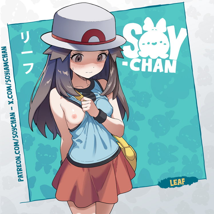 1girls, artist name, bag, blue background, blue shirt, blush, border, breasts, brown eyes, brown hair, character name, closed mouth, dot nose, embarrassed, female, female only, game freak, hair flaps, hat, leaf (pokemon), looking down, nintendo, nipples, one breast out, patreon username, pokemon, pokemon frlg, pulling own clothes, red skirt, shirt, shoulder bag, skirt, sleeveless, sleeveless shirt, small breasts, solo, soy-chan, standing, translation request, twitter username, white border, white hat, wristband