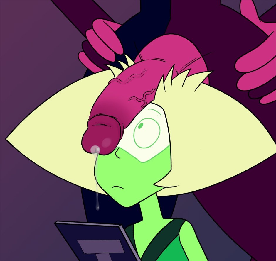 1futa, 1girls, alien girl, clothed, clothing, duo, female, female focus, fully clothed, futanari, futg3m, garnet (steven universe), green skin, humanoid, humanoid penis, imminent oral, intersex, mostly clothed, penis, penis awe, penis on head, peridot (steven universe), precum, precum drip, standing, steven universe, tagme