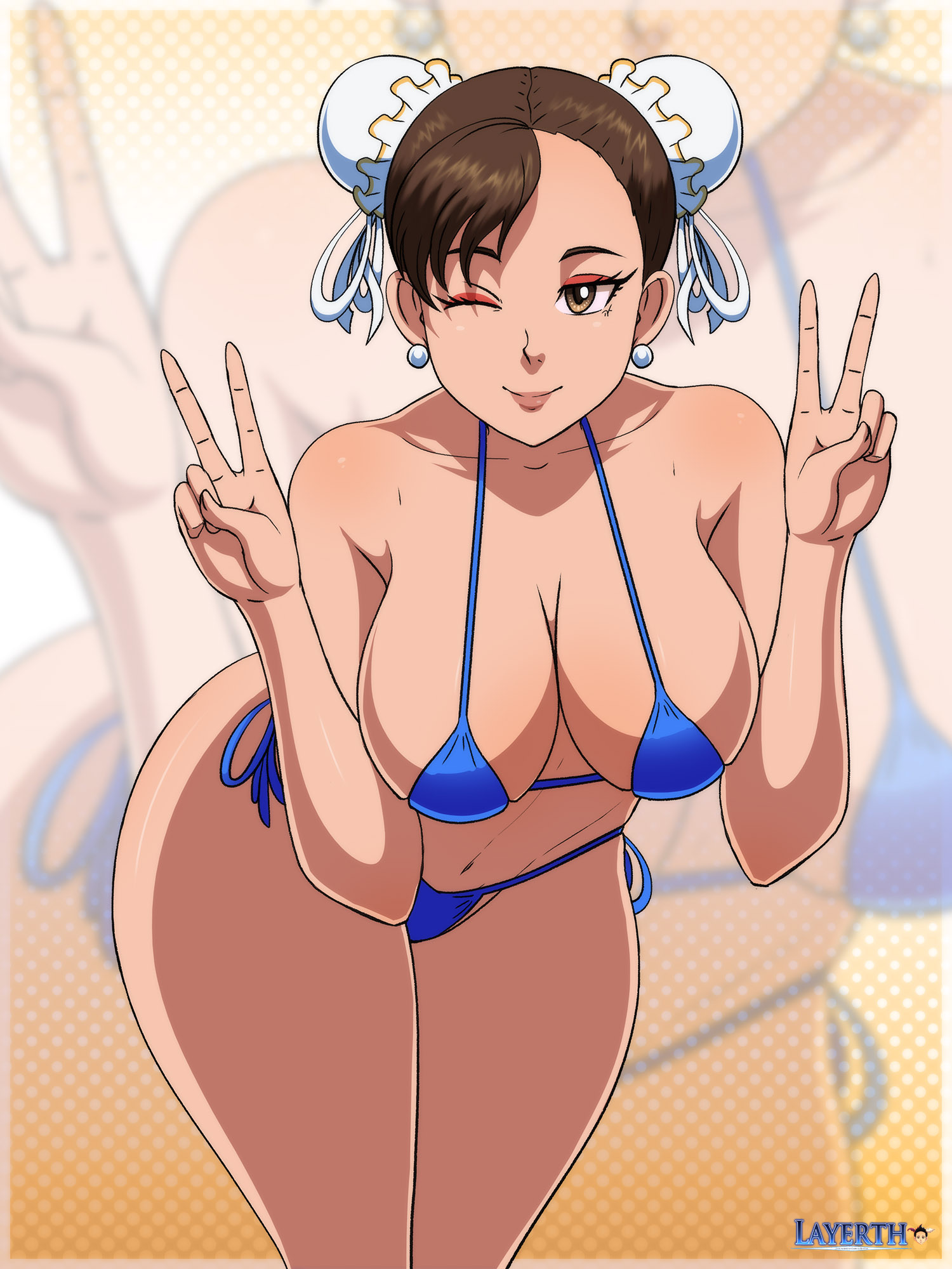 1girls, absurd res, bending over, big breasts, bikini, breasts, brown eyes, brown hair, capcom, chun-li, collarbone, double bun, double v, earrings, eyelashes, eyeshadow, female, female only, hi res, human, layerth, looking at viewer, mammal, navel, one eye closed, peace sign, smile, solo, street fighter, thick thighs, v, wide hips, wink