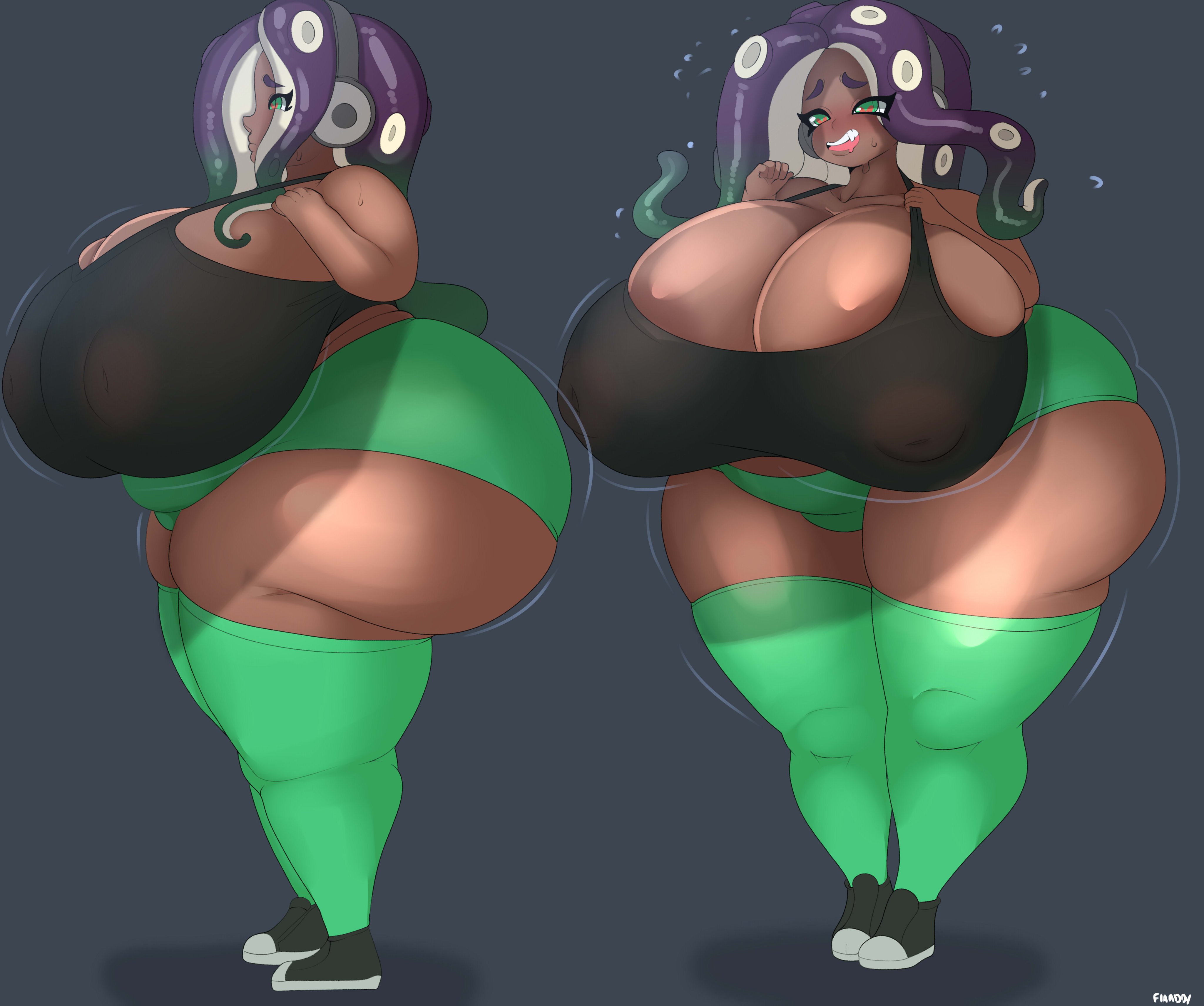 1girls, alternate ass size, alternate body type, alternate breast size, ass, big belly, breasts, breasts bigger than head, busty, cleavage, dark skin, female, fladdykin, gigantic ass, gigantic breasts, green eyes, huge ass, huge breasts, humanoid, hyper, hyper ass, hyper breasts, marina (splatoon), motion lines, nintendo, octoling, off the hook (splatoon), revealing clothes, see-through, shoes, sideass, sideboob, smiling, sneakers, solo, solo focus, splatoon, splatoon 2, thick thighs, thighhighs
