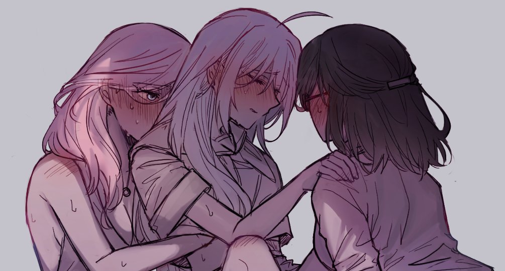 3girls, blue eyes, blush, blush lines, blushing profusely, breasts, brown hair, danganronpa, danganronpa another, fanganronpa, female, female focus, female only, female/female, female/female/female, fondling, fondling breast, glasses, kabuya yoruko, lesbian sex, necklace, only female, pink hair, sailor uniform, sora (super danganronpa another 2), super danganronpa another 2, sweat, sweatdrop, sweating, threesome, white hair, yuri